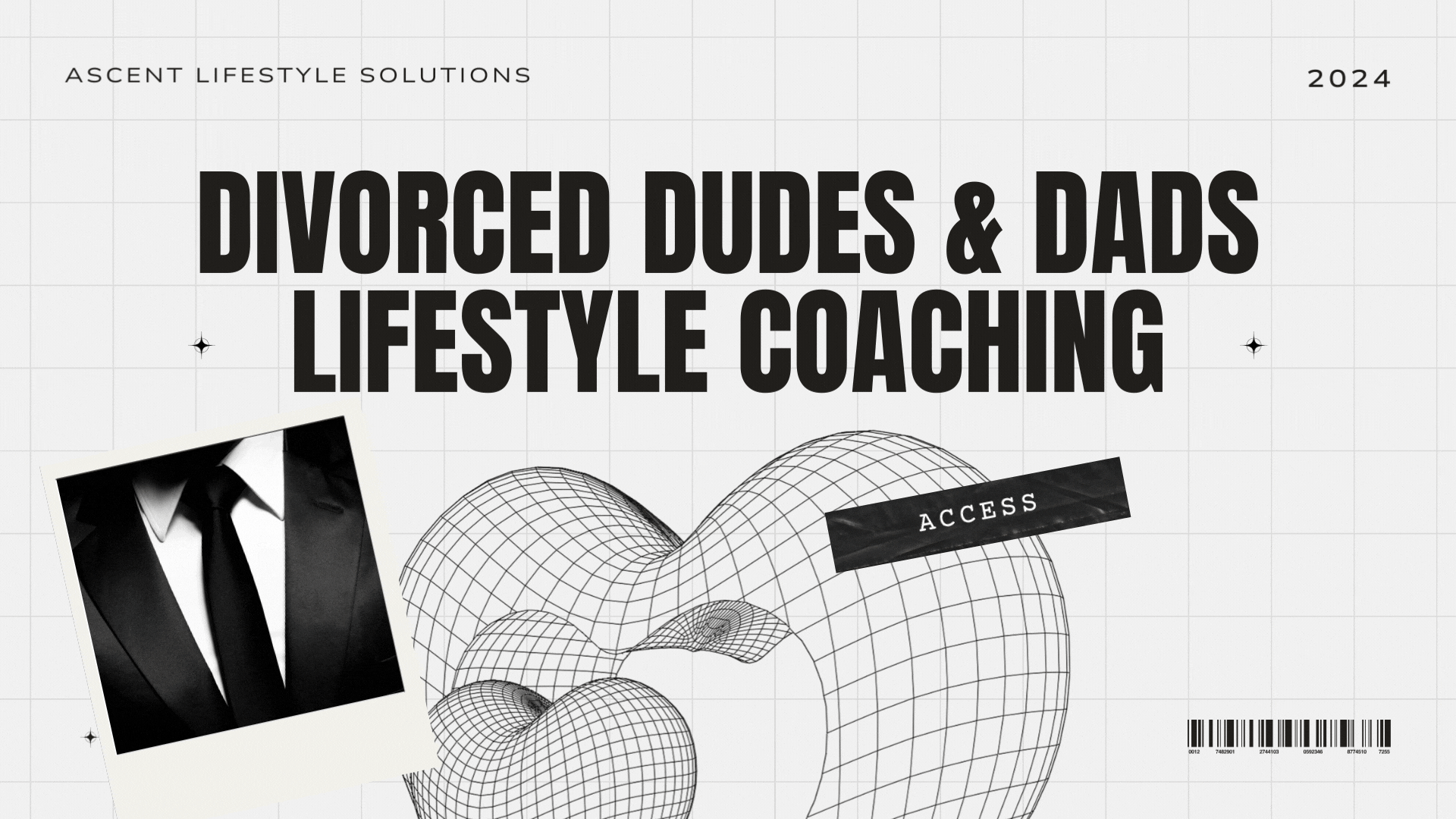 Black and white promotional graphic for a lifestyle coaching program titled "Divorced Dudes & Dads Lifestyle Coaching," featuring a wireframe heart design with an "Access" label, a barcode, and a small black-and-white photo of a man in a suit with a tie.