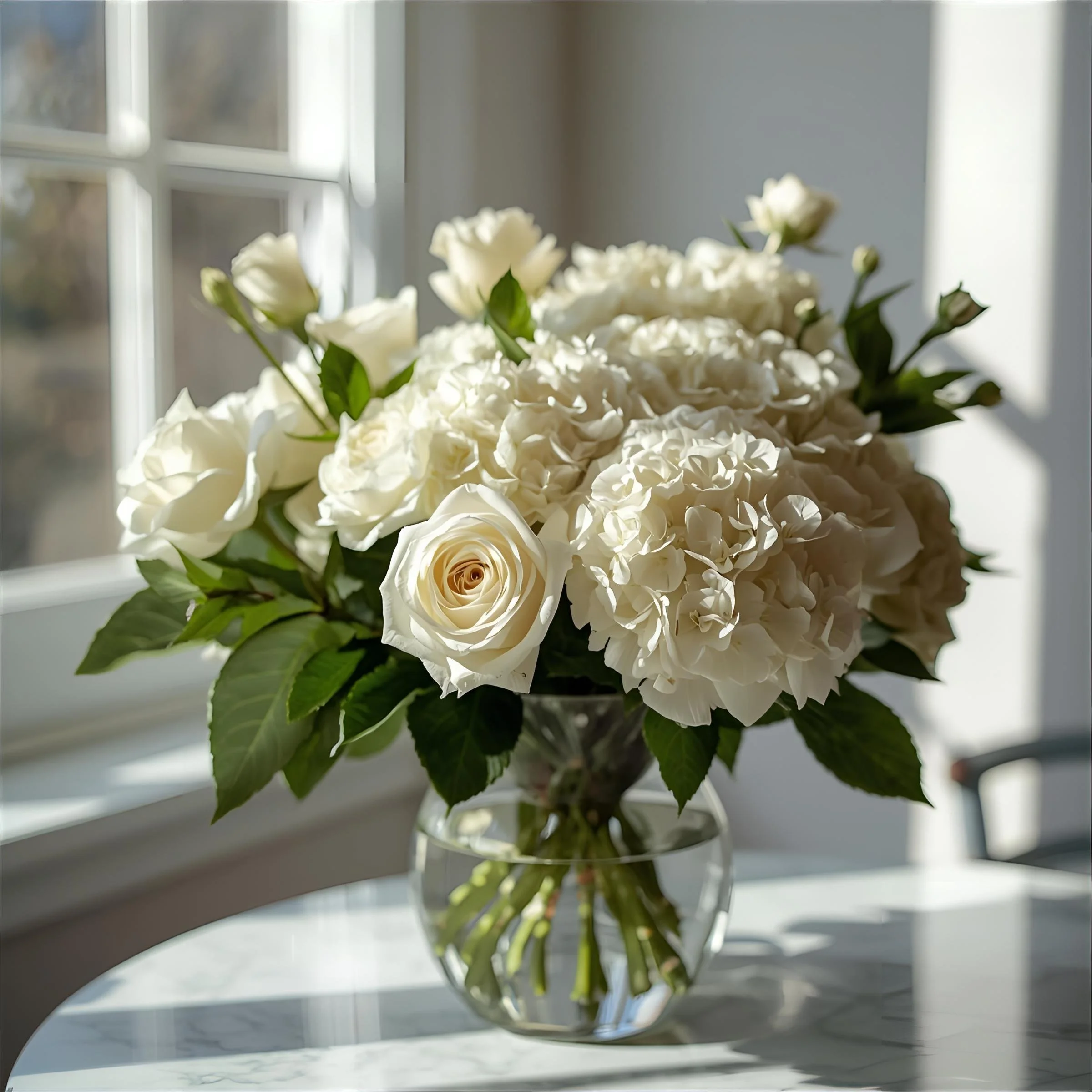 vase of white roses and hydrangeas and green leaves.jpg