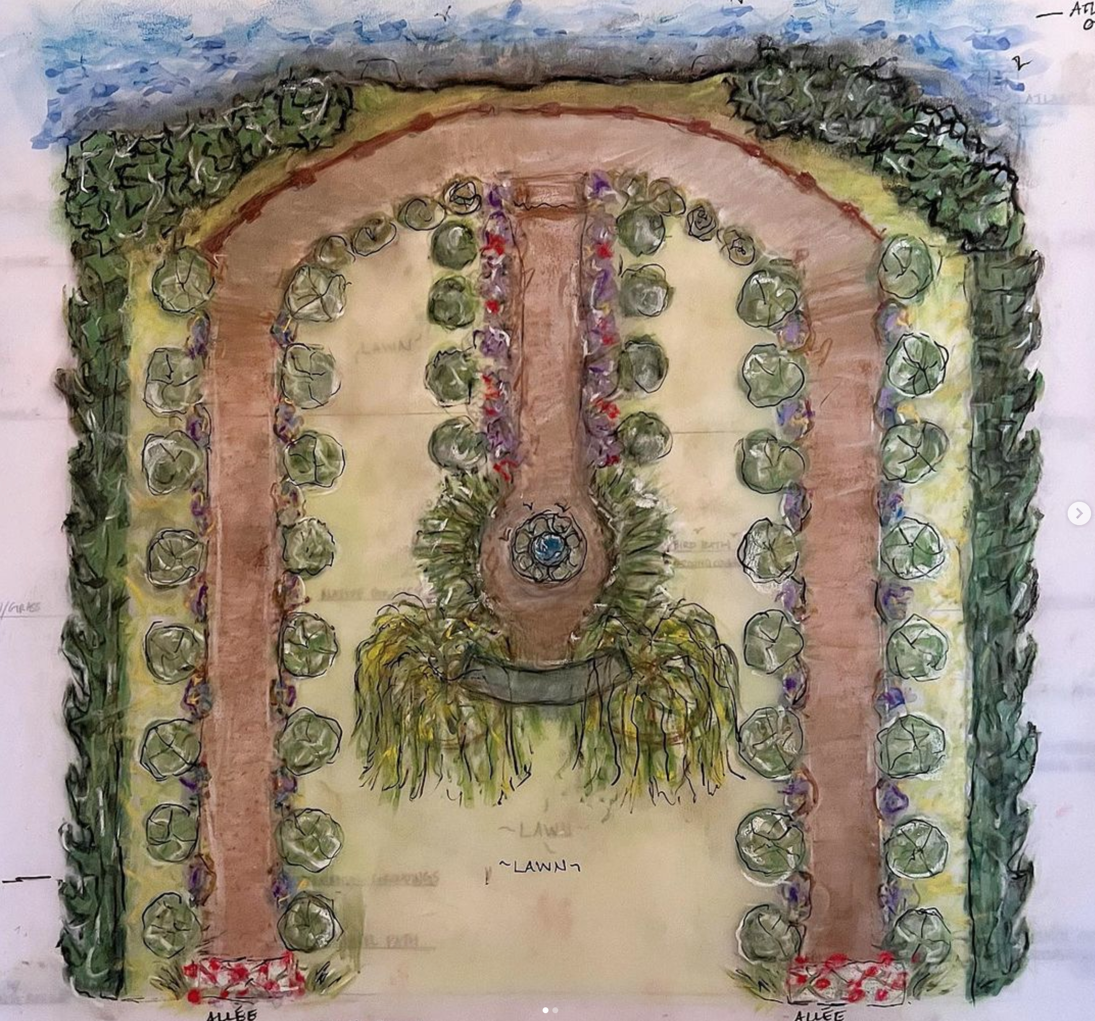 A landscape design plan showing a central fountain with surrounding plantings, pathways, lawns, and borders with trees and shrubs.