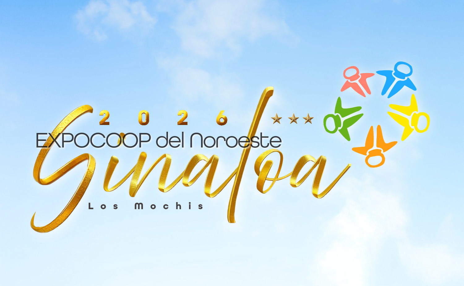 Cartel con texto dorado y negro que dice 'Expocoop del Noreste Ginaloa 2026, Los Mochis' con un fondo de cielo azul y nublado, y figura de personas en círculo en colores verde, azul, naranja y amarillo.