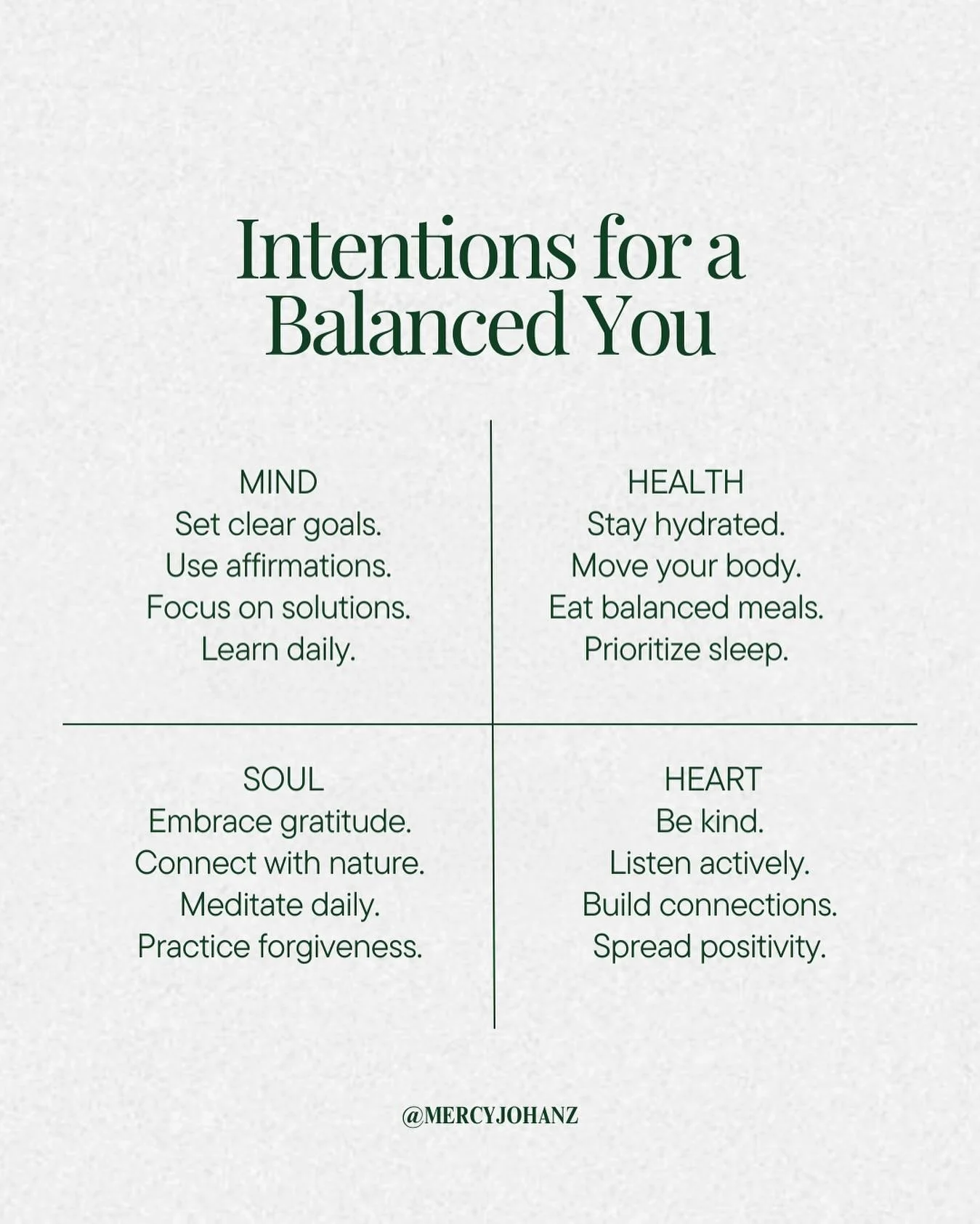 Start with one intention in each category and gradually add more. 
I&rsquo;m curious to hear about your goals! Which intentions are you choosing to focus on? Do you have a favorite category or specific intention that resonates with you? 

Share your 