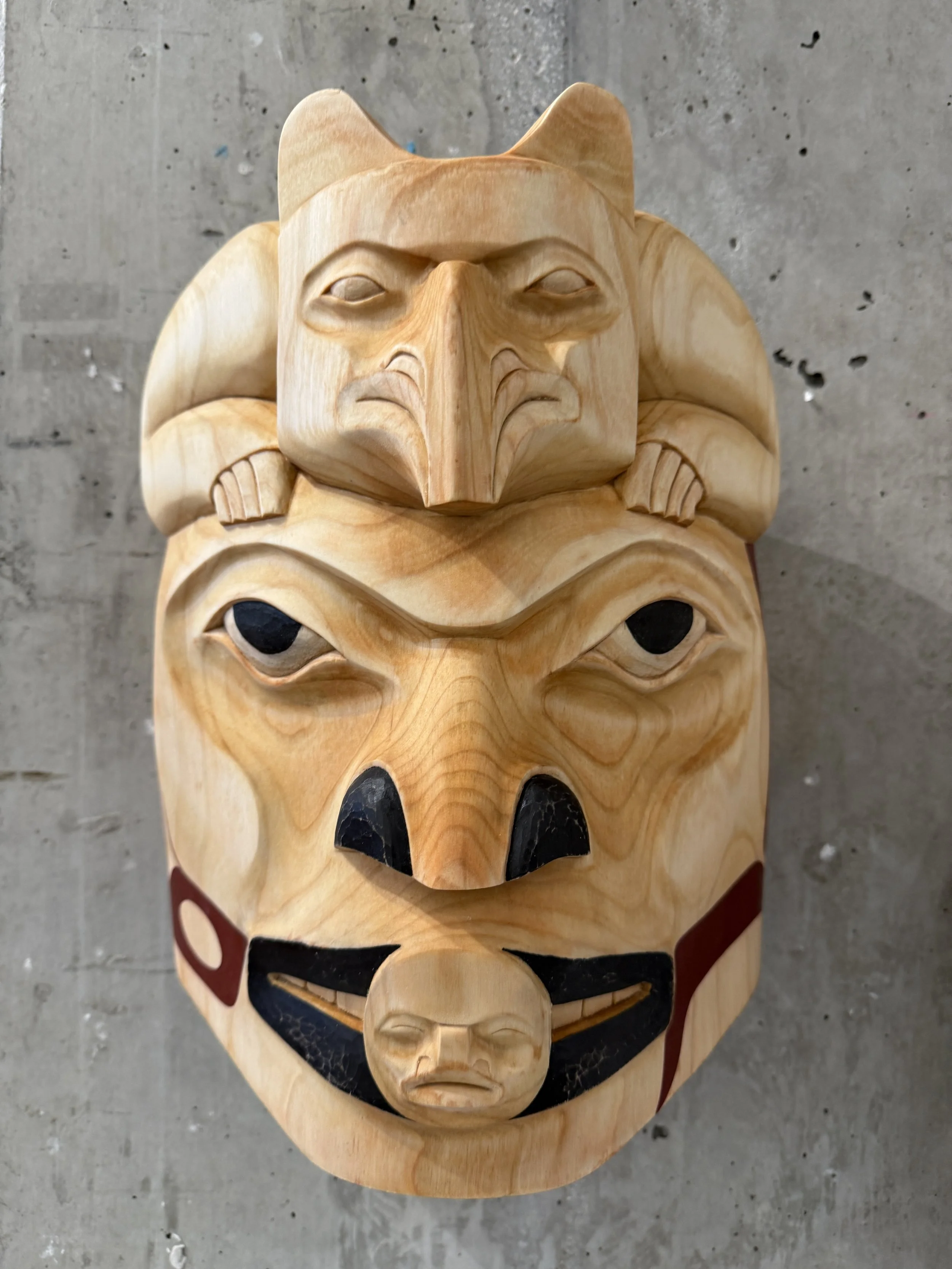 John Wilson. Shaman & His Helpers, 2025. Alder/paint, 13""H X 9""W X 6"" D. Courtesy of Mark Loria Gallery.