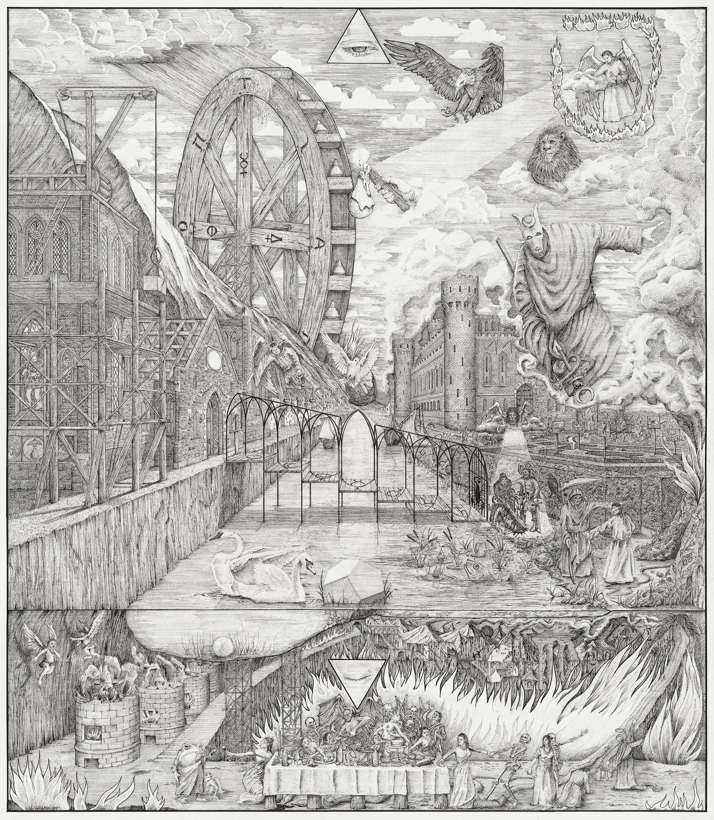 Nick Shinbin. Sleeper Awaken, The West Face, 2025. Archival ink on Strathmore Bristol paper, frame, mat & glass. 29 x 25 inches. Gagne Contemporary. Photo by Dean Tomlinson.