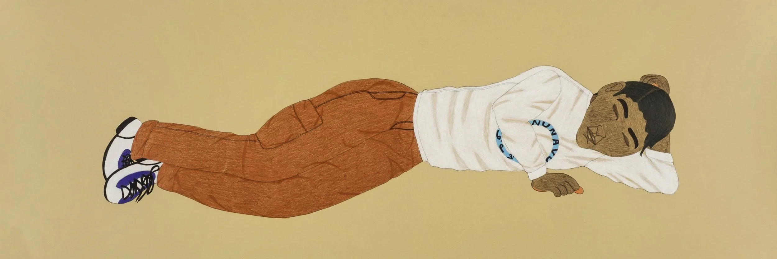 Annie Pootoogook. Sleeping Man, 2007. Coloured pencil & ink. 15 x 44 1/4 inches.  Courtsey of Feheley Fine Arts.