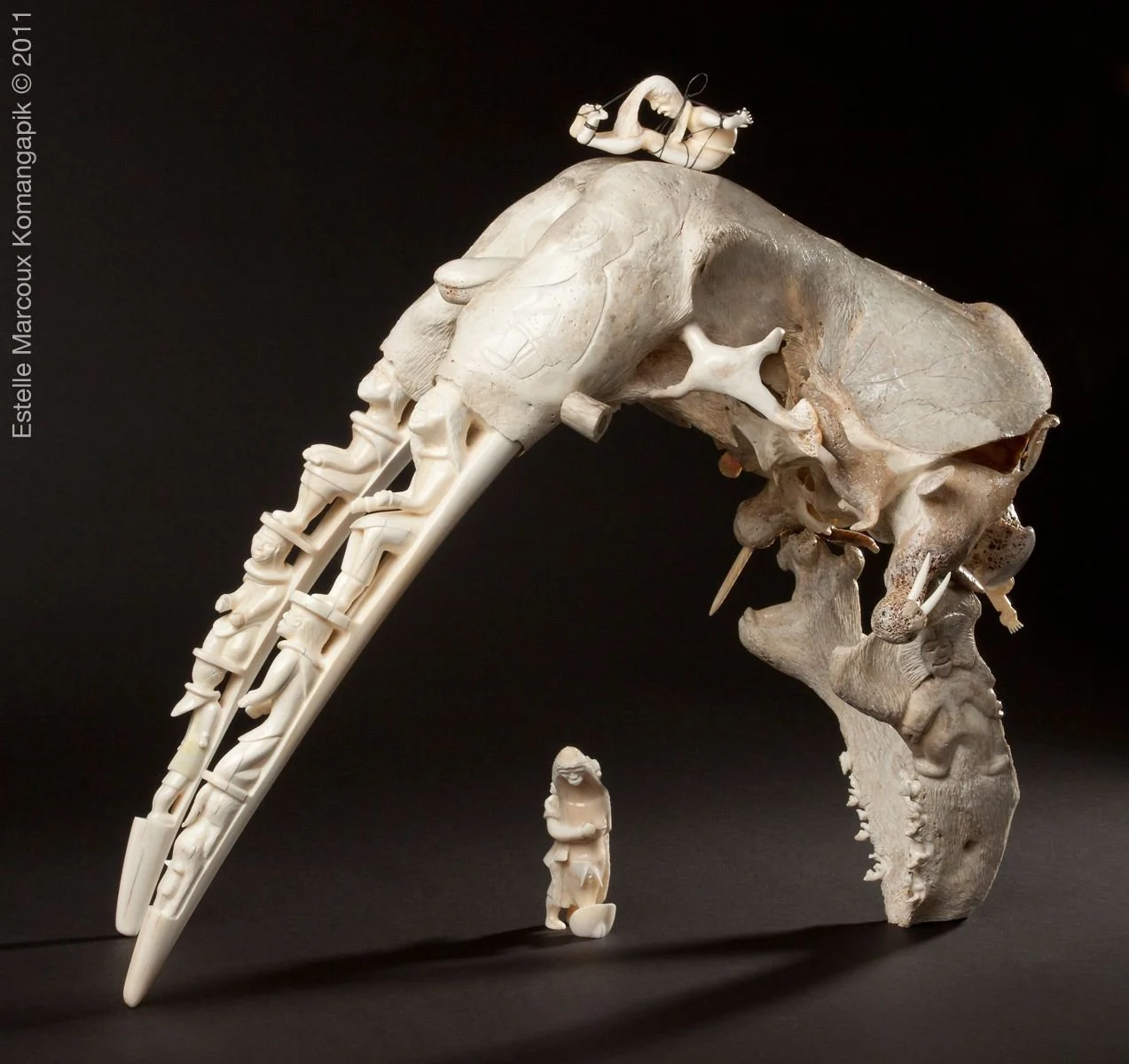 Ruben Komangapik. Shamanistic Ritual, 2011. Walrus skull with ivory tusks, sperm whale teeth, baleen, copper, antler, narwhal ivory. 18 3/4 x 20 1/2 x 12 inches. Courtsey of Feheley Fine Arts.