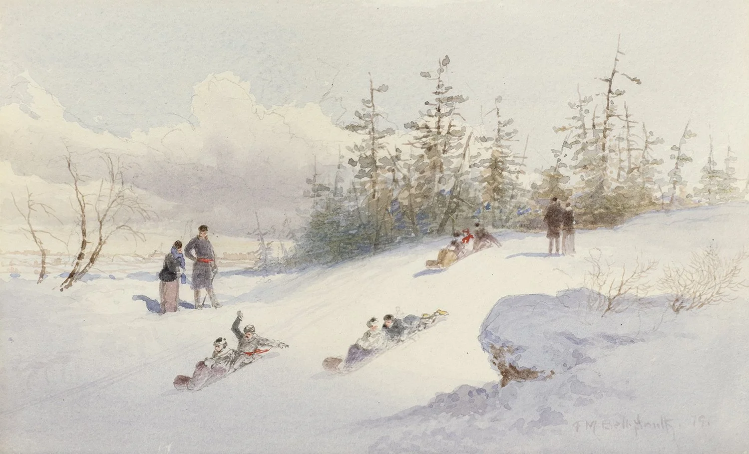 Frederic Marlett Bell-Smith (1846-1923). Sledding. Watercolour on paper. 13 3/4 x 17 1/2 inches (framed). Uno Langmann Gallery.
