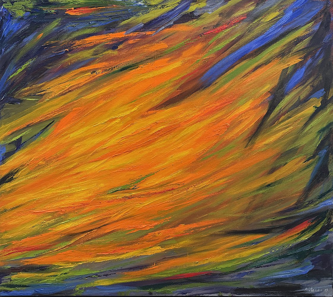 Rita Letendre. The Flight of the Bluebirds, 1997. Oil on canvas. 48 x 54 inches. Gallery Gevik. Photos by Justin Giallonardo.