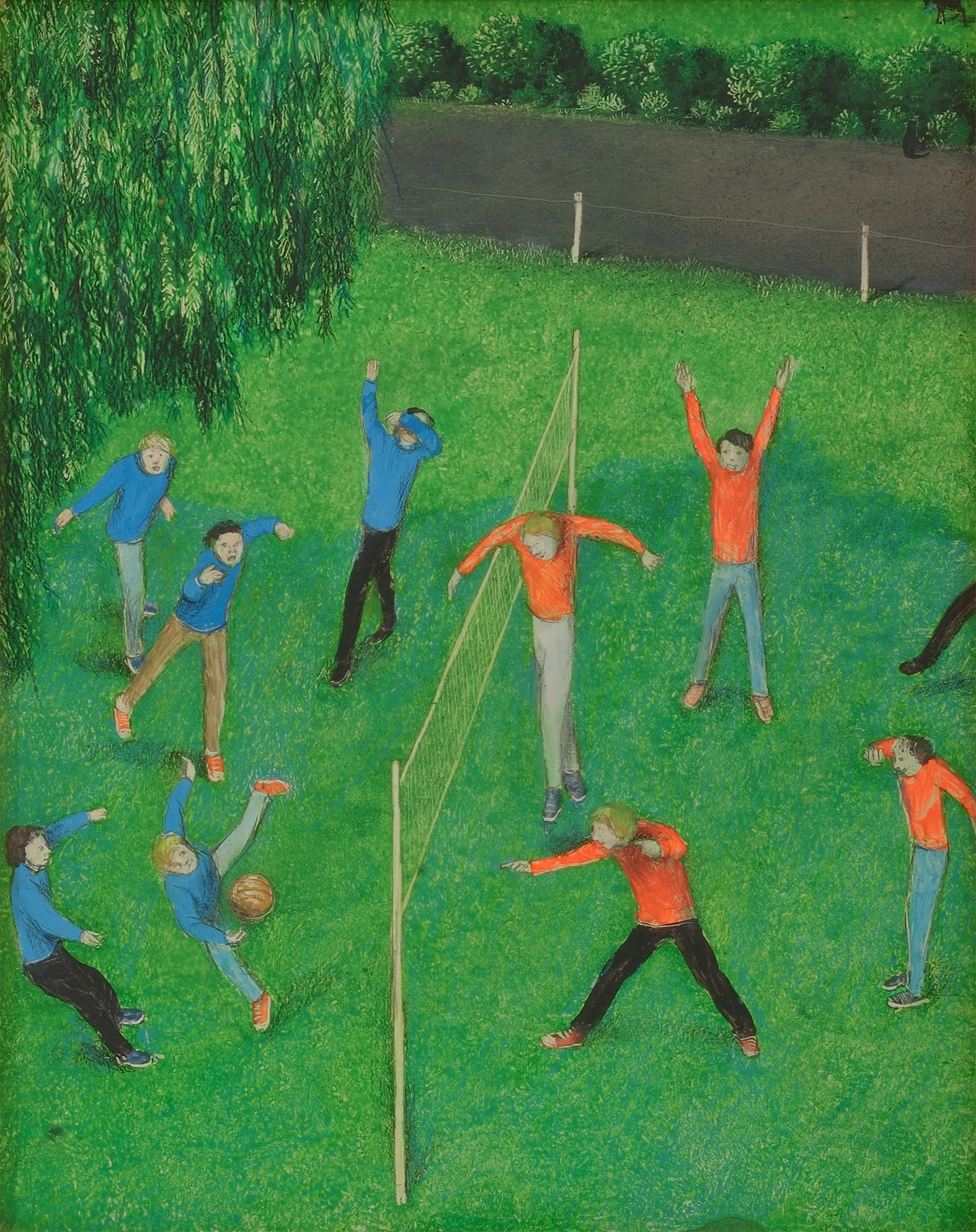 William Kurelek (1927 - 1977). Volleyball, 1977. Mixed Media on Board. 14.75 x 12.75 inches. Courtsey of Loch Gallery.
