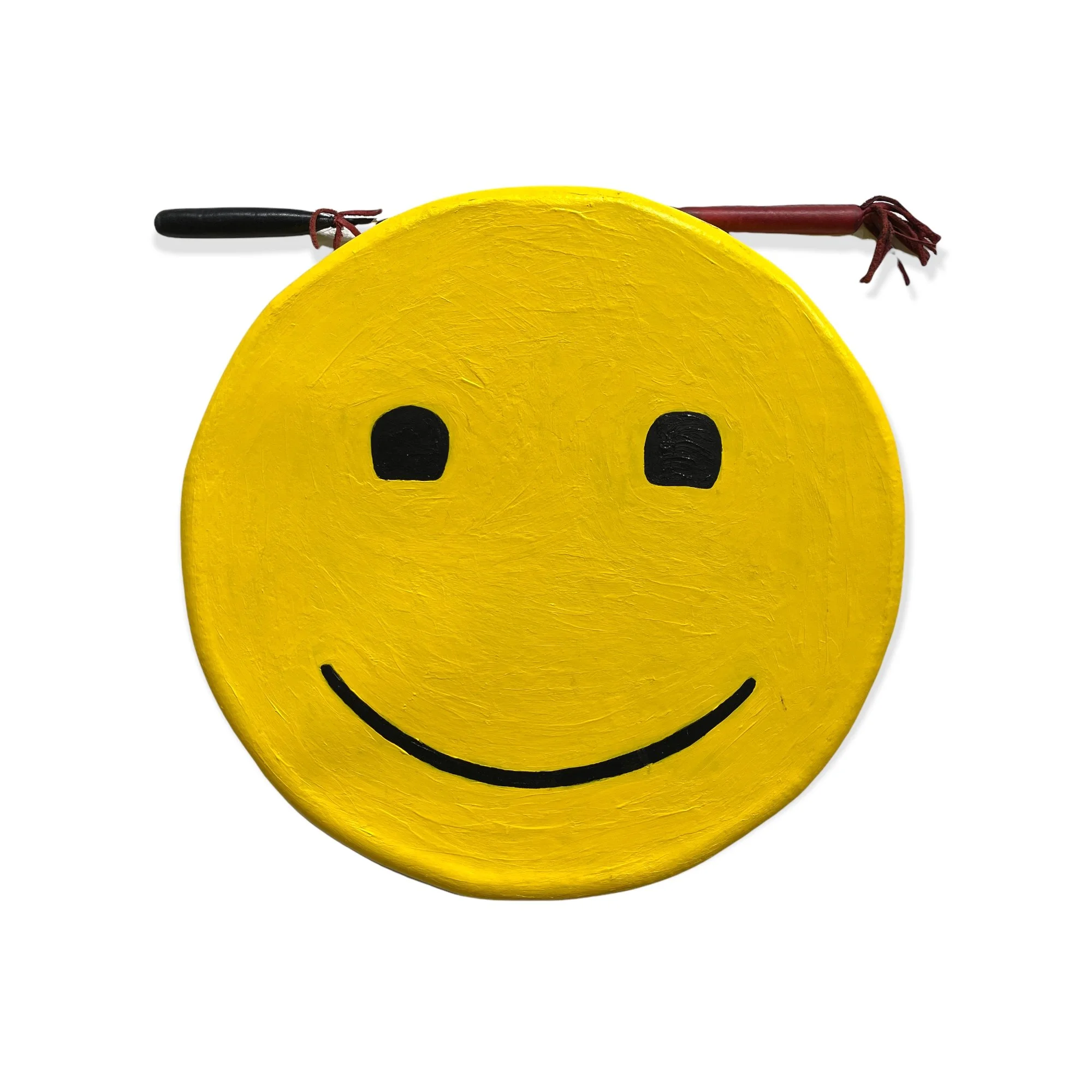 Lawrence Paul Yuxweluptun. Emoji Drum, 2021. hide/wood/acrylic paint. 16 diameter X 3.5 depth inches. Courtesy of Mark Loria Gallery