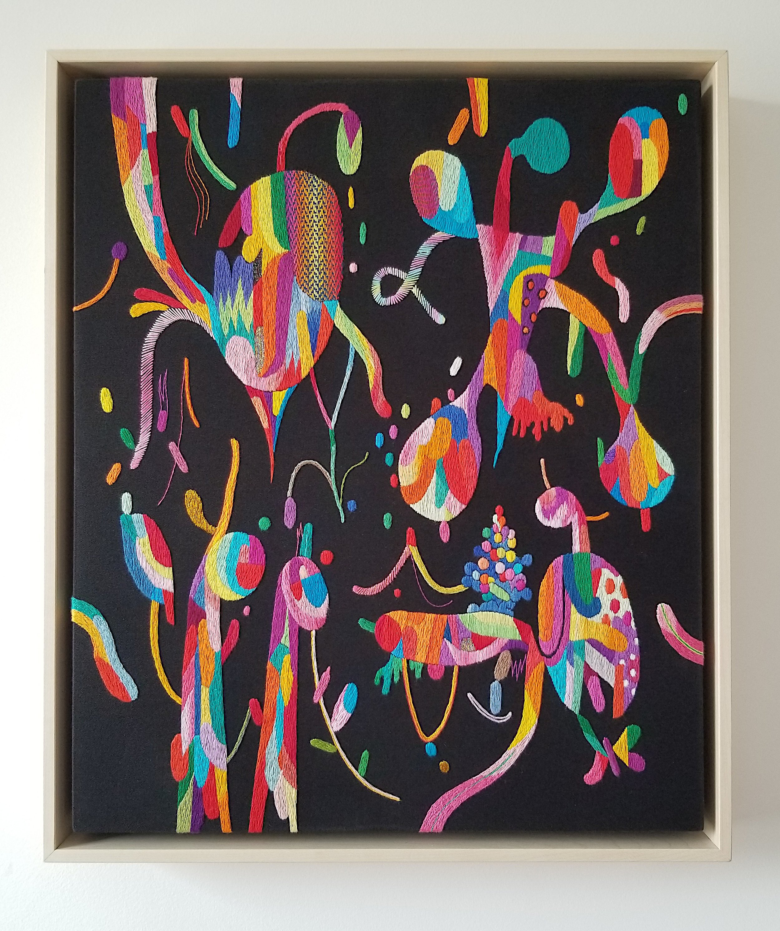 Takashi Iwasaki. The Songs of Neocaridina, 2025. Cotton, polyester, and silk embroidery floss on cotton twill fabric. 18x15 inches. Secter Art Consulting.