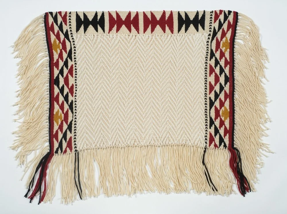 Chief Janice George. Small Chief Blanket, 2025. Sheep's wool & dye. 32 x 36 inches. Fazakas Gallery. Photo by Byron Dauncey.