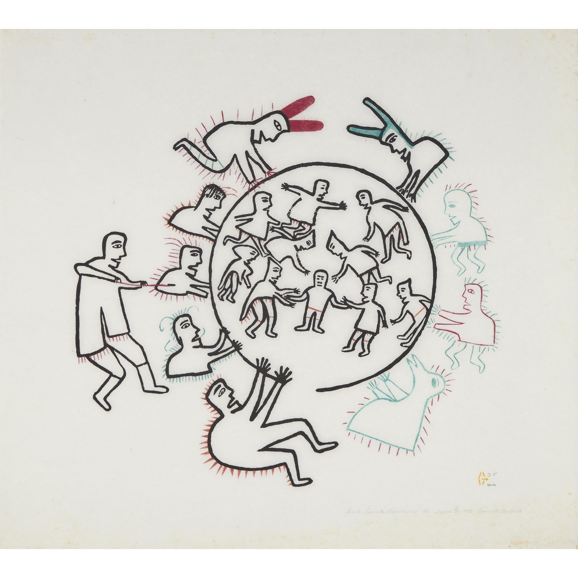Jessie Oonark, OC, RCA (1906-1985). Evil Spirits Surround the Igloo, 1972. Stonecut & stencil. 31 x 33 inches (framed). Elca London.