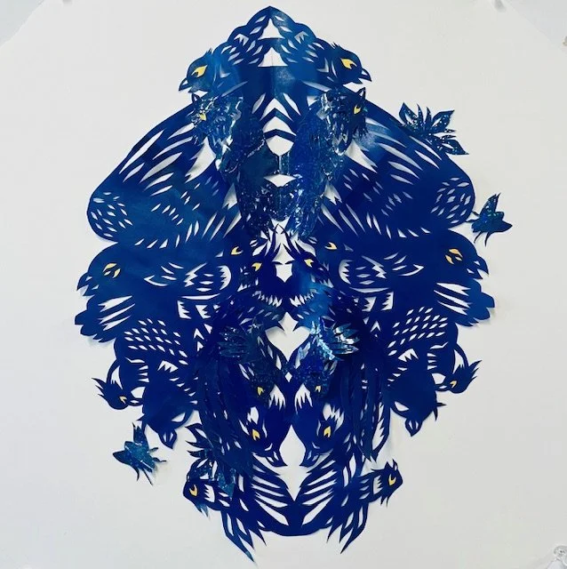 Paul Robles. Blue Mass, 2025. Cut Origami paper, Hoho Film, Gouache on vellum. Framed  (Diamond Shape). 27 x 27 inches. Secter Art Consulting.