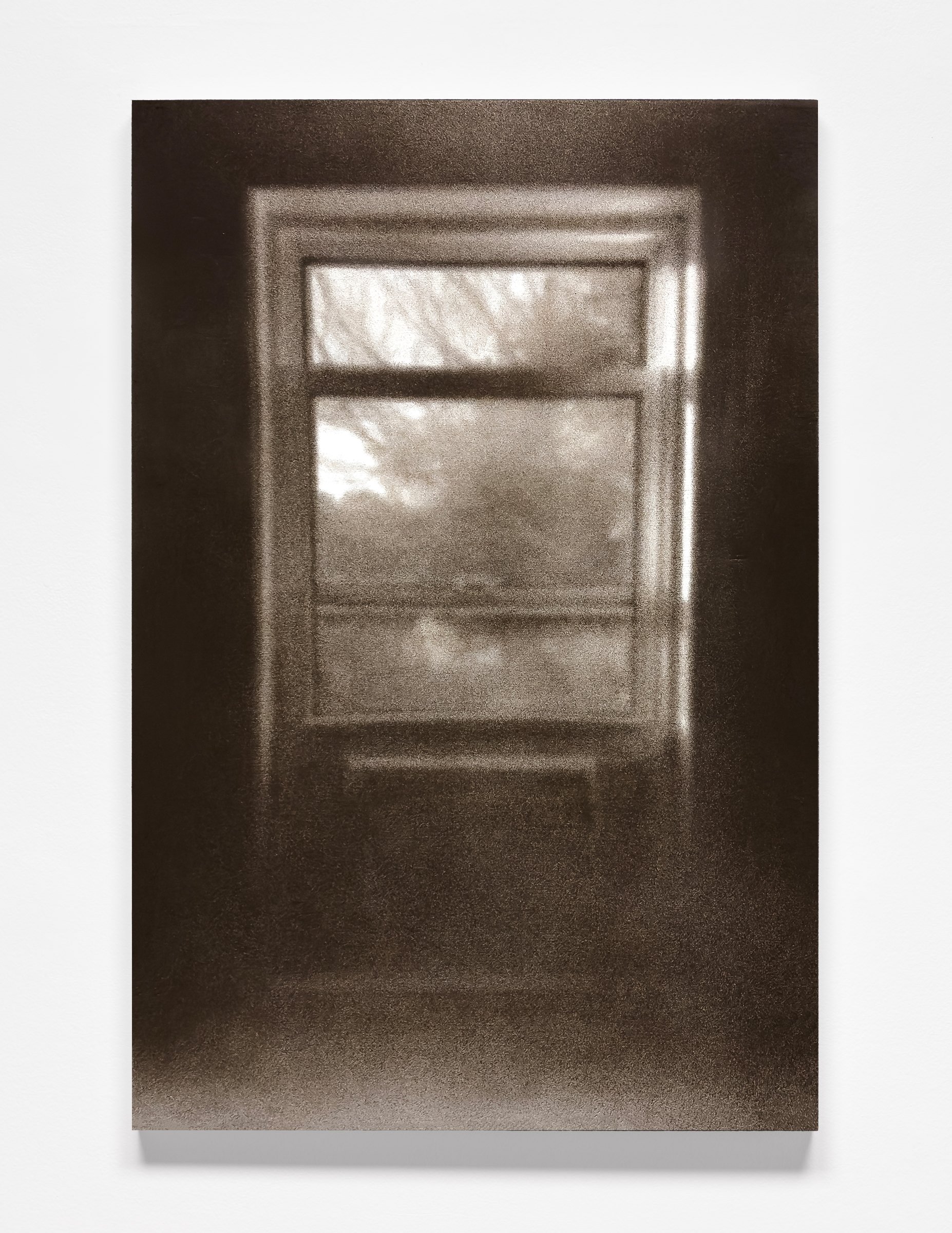 Luca Soldovieri. Everywhere I Look, There You Aren’t, 2025. powdered material (dirt, brick, window sill, photograph in frame, ring, folded paper, two pebbles, dust) and adhesive on panel. 30"" x 20".  © Courtesy of the artist and Olga Korper Gallery.