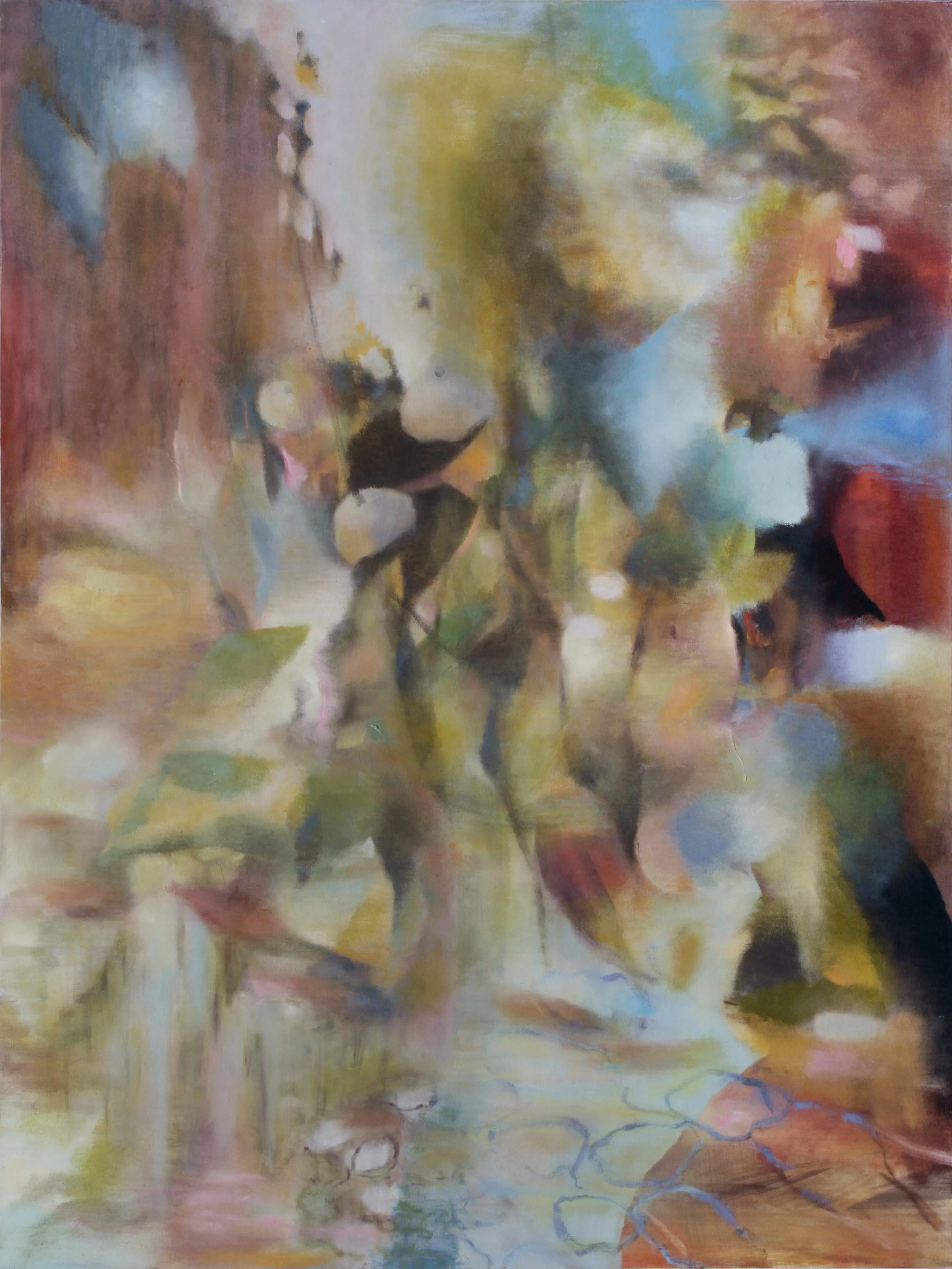 Barbara Milne. Woven - Pond, 2022. Oil on canvas. 48 x 36 inches. Wallace Galleries.