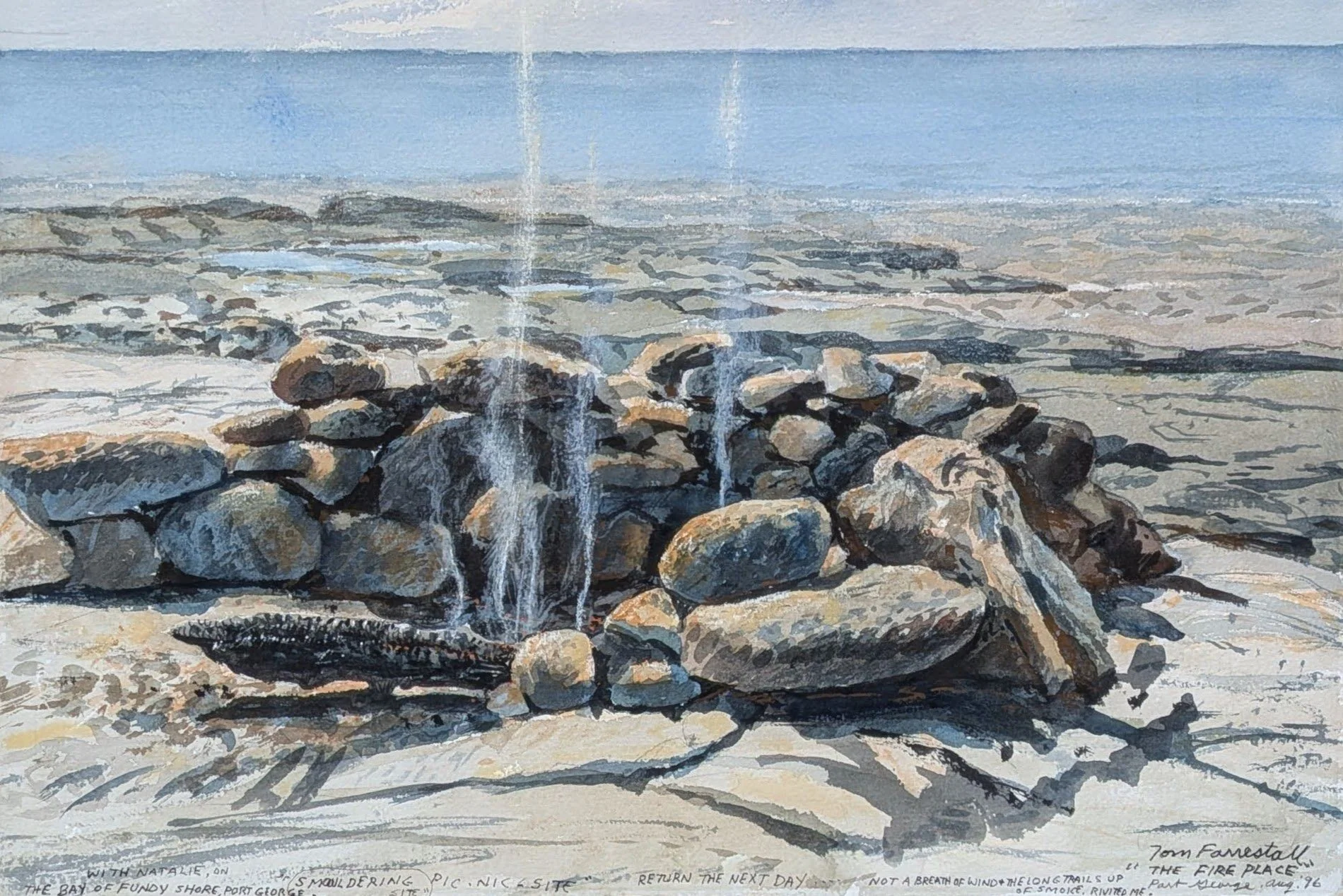 Tom Forrestall, RCA (1936-2024). In the Fireplace, Bay of Fundy Shore, 1996. Watercolour. 15 x 22 inches. Zwickers Gallery.