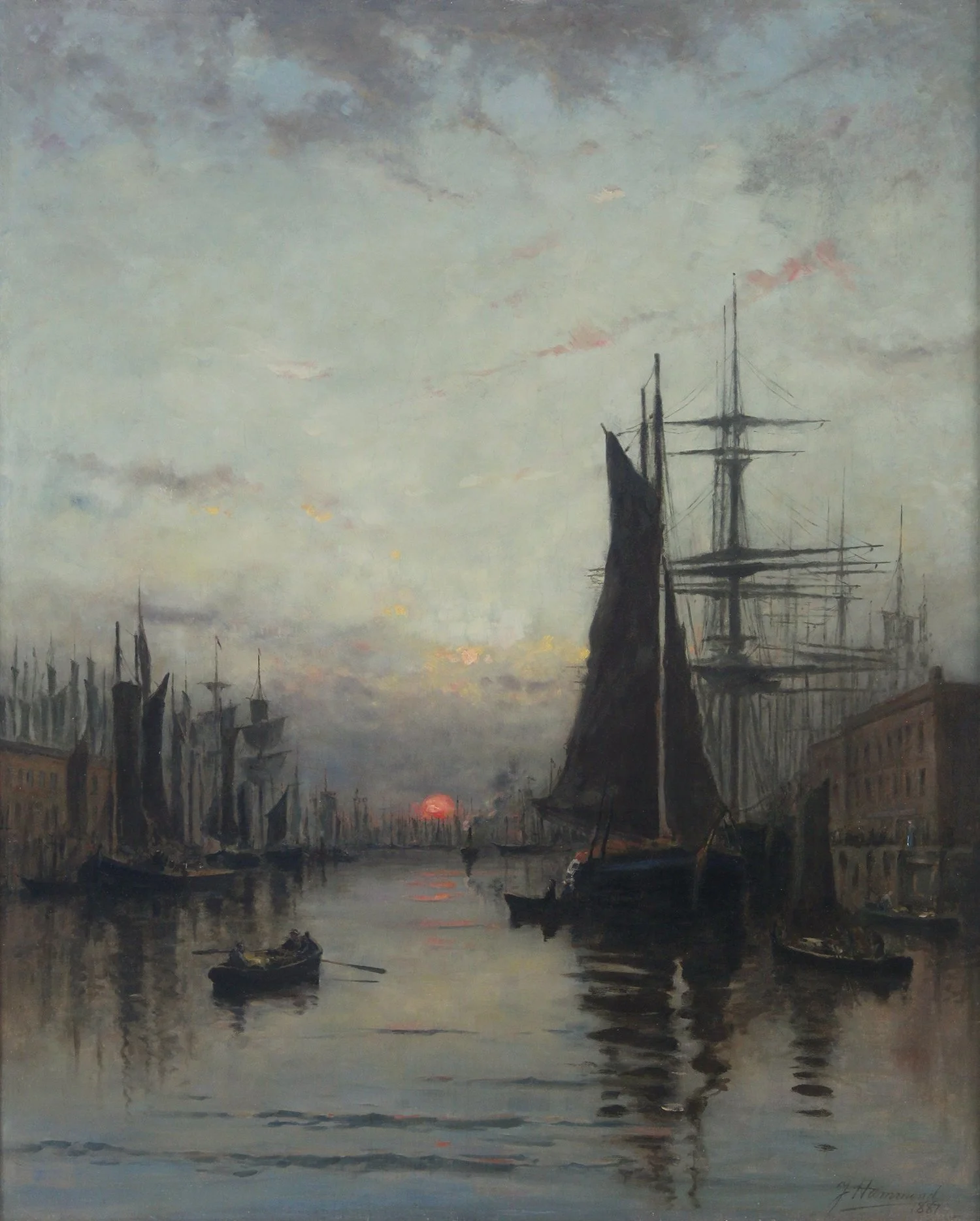 John Hammond,  RCA, OSA (1843-1939). Market Slip, St. John, New Brunswick, 1887. Oil on canvas. Signed and dated ""J. Hammond 87"". 39 1/4 x 33 inches (framed). Uno Langmann Gallery.