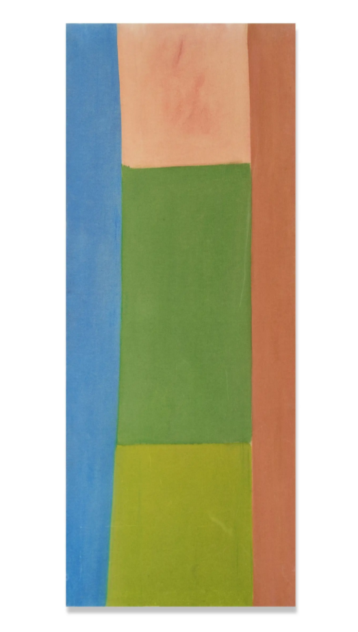 Jack Bush. Pink Green Column,  1965. Oil on Canvas, 69.6 x 27.6 inches (176.7 x 70.4 cm). Dated ""June 1965"" pencilled on the underside of the canvas near the turnover edge. Courtesy Miriam Shiell Fine Art and the artist Estate. 