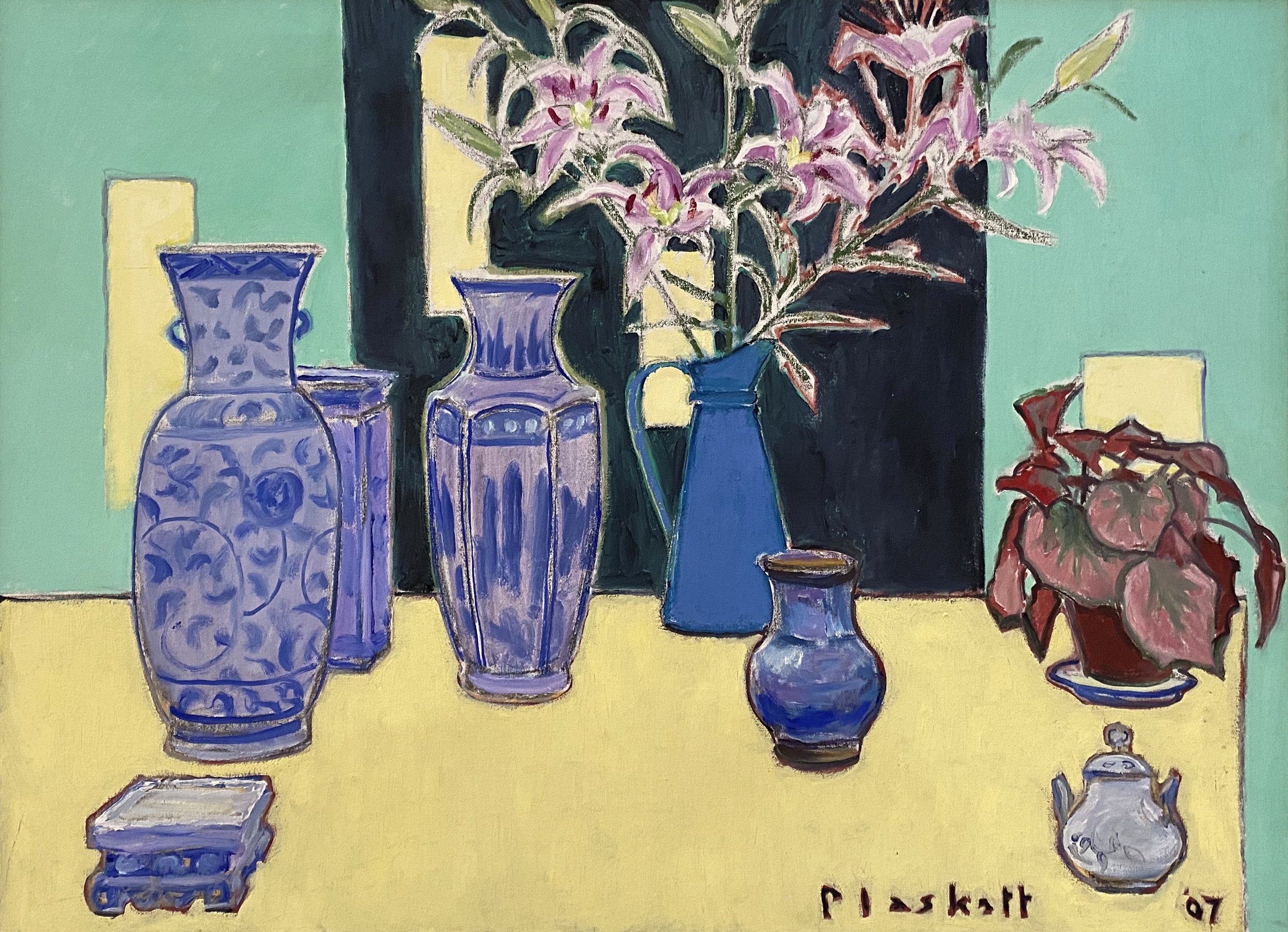 Joseph Plaskett. Blue Vessels and Lily (1) Green and Yellow, 2007. Oil on Canvas. 28.5 X 39.5 inches. Courtesy of Bau-Xi Gallery.