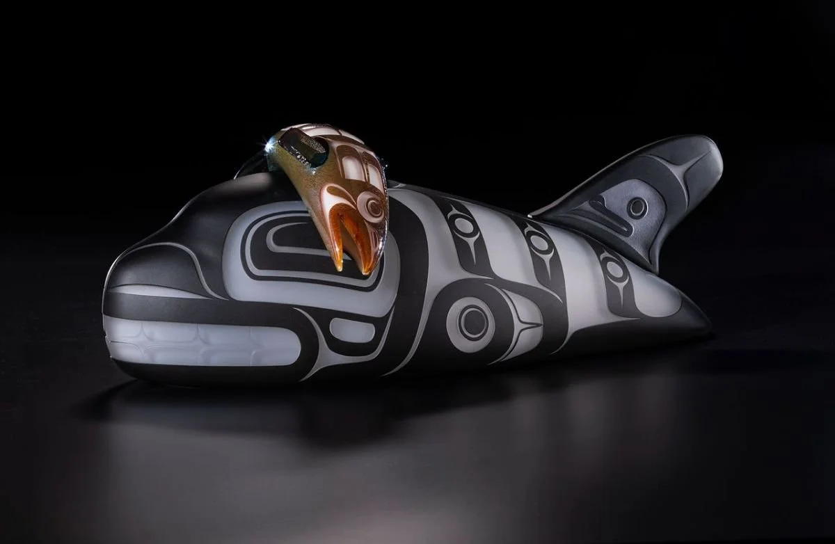 Preston Singletary. Salmon Hat, 2025. Blown and carved glass. 6.25H x 29W x 8D. Sandra Ainsely Gallery. Photo by Russell Johnson.