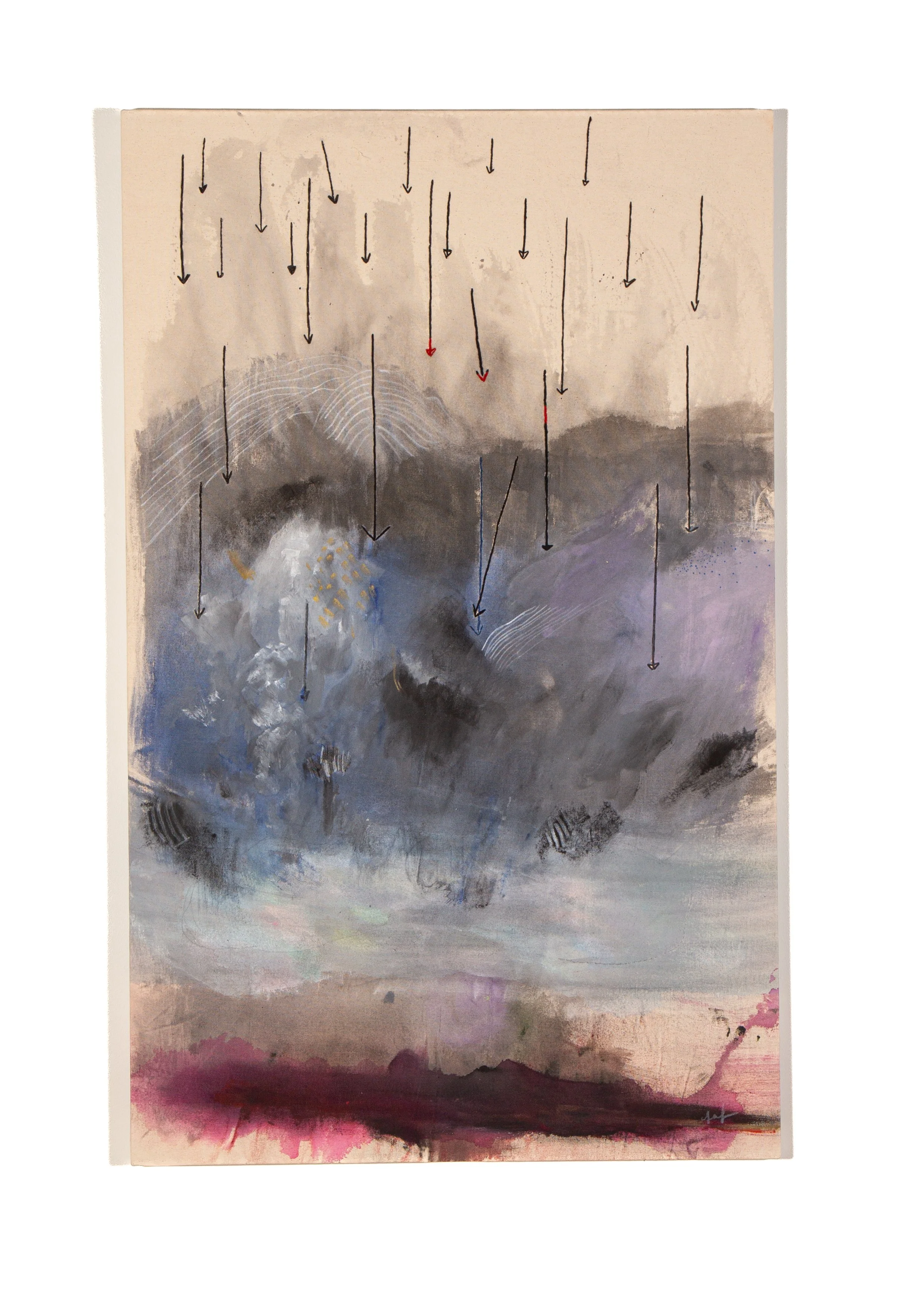 Tiffany Wong. Outcome, 2023. Acrylic paint, watercolour markers and embroidery on canvas. 46 x 28.5 inches. Wishbone Art Gallery.