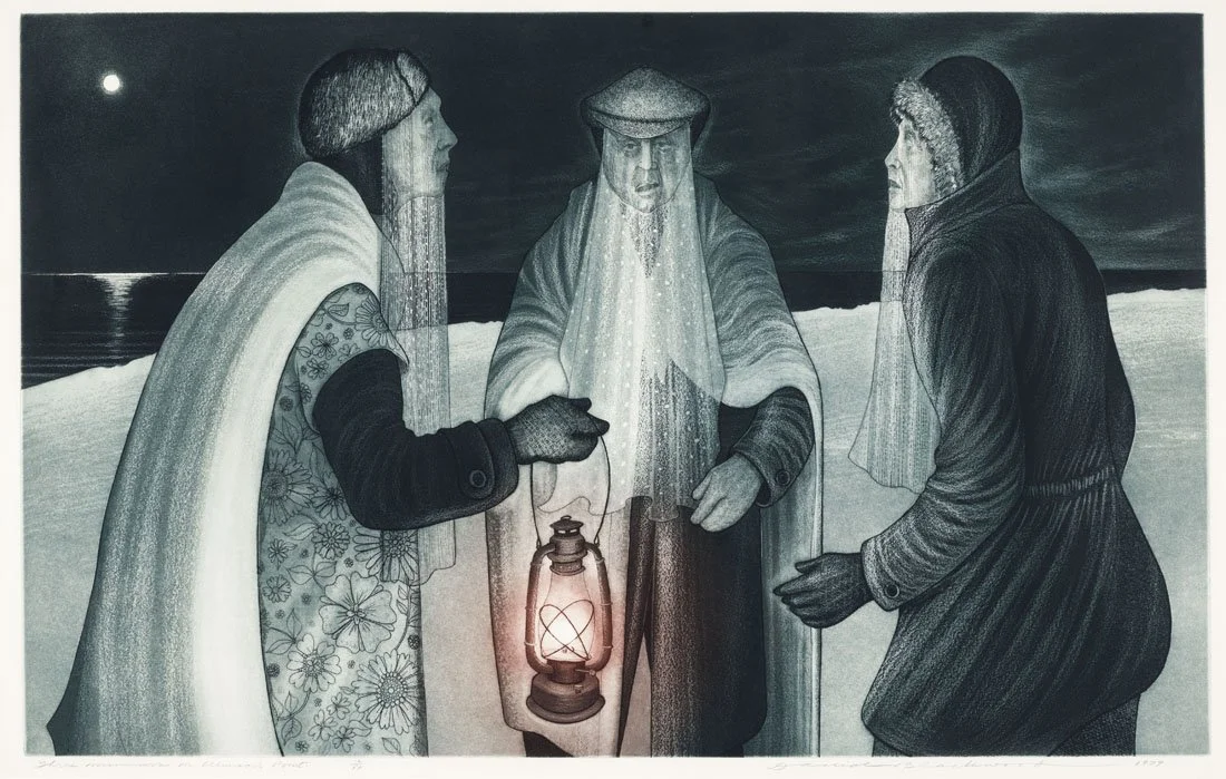 David Blackwood. Three Mummers on Winsor's Point ED. 49/50, Etching and Aquatint. 20x30 inches. Abbozzo Gallery.