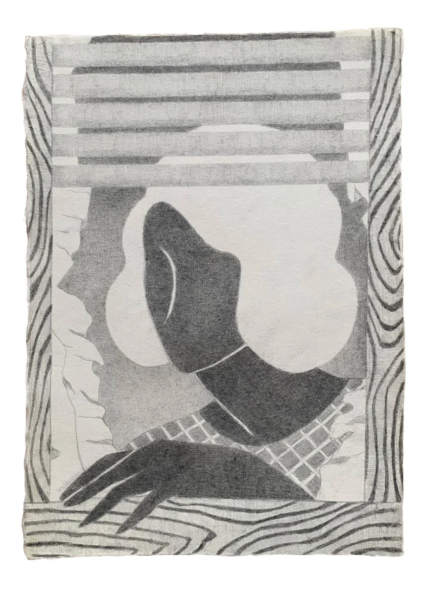 Woman in Window, 2025, graphite on Japanese paper, 17"x12"