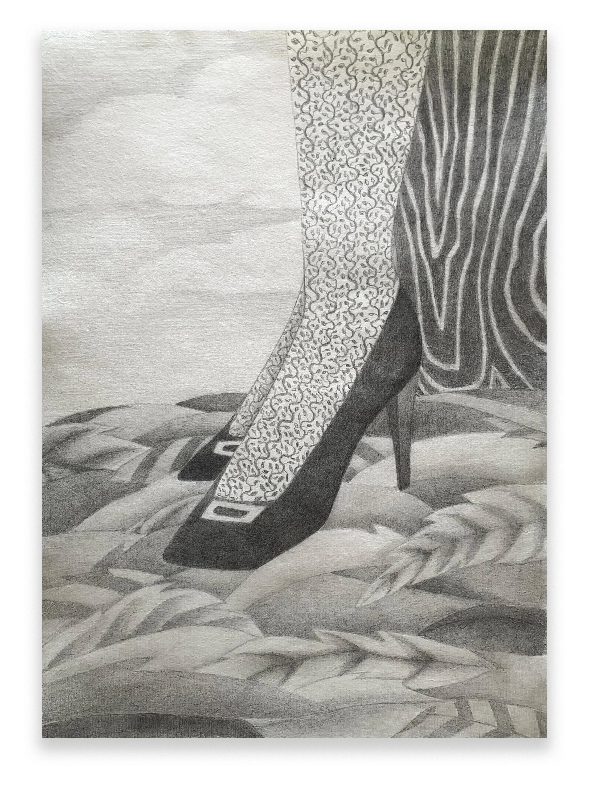 Tights in the Forest, 2025, graphite on Japanese paper, 12.25 x 16.75”, $900