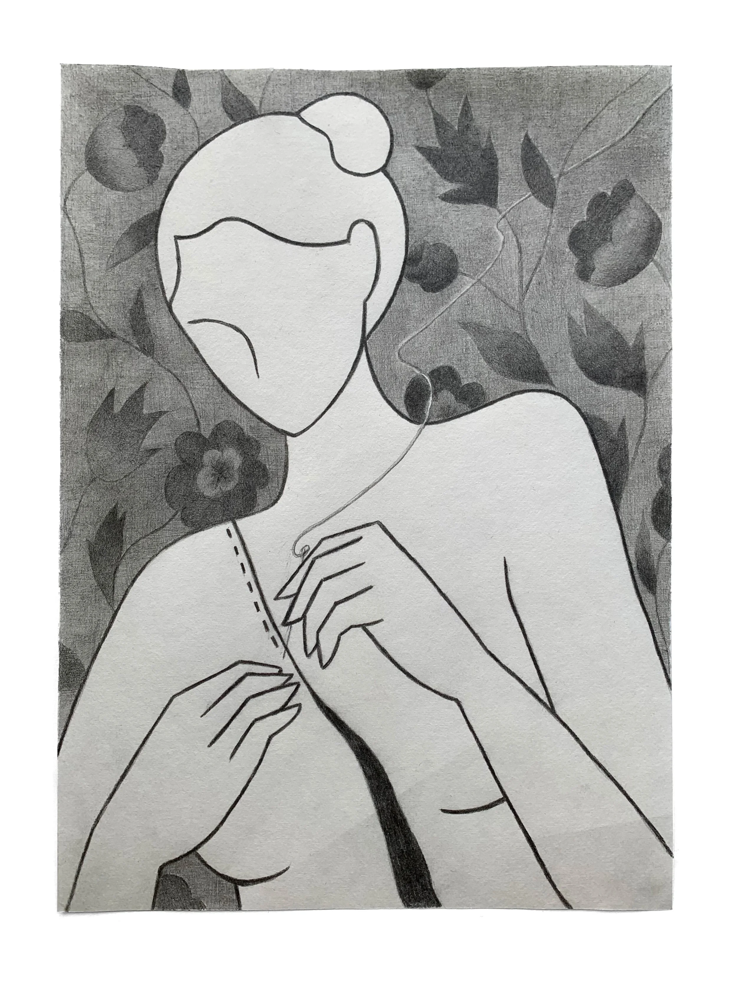 The Seamstress, 2022, graphite on Japanese paper, 12.25” x 9.25” $1,400
