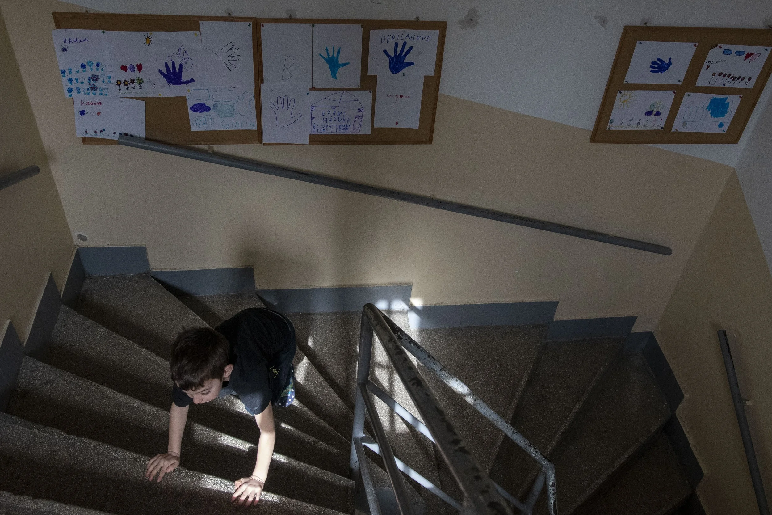  Drawings by Ukrainian refugee children on the walls of a hostel in Budapest. 