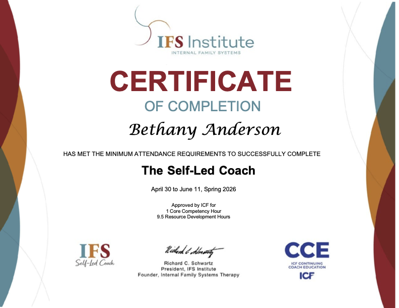 Certificate of completion awarded to Bethany Anderson by IFS Institute for completing The Self-Led Coach training course, April 30 to June 11, 2026.