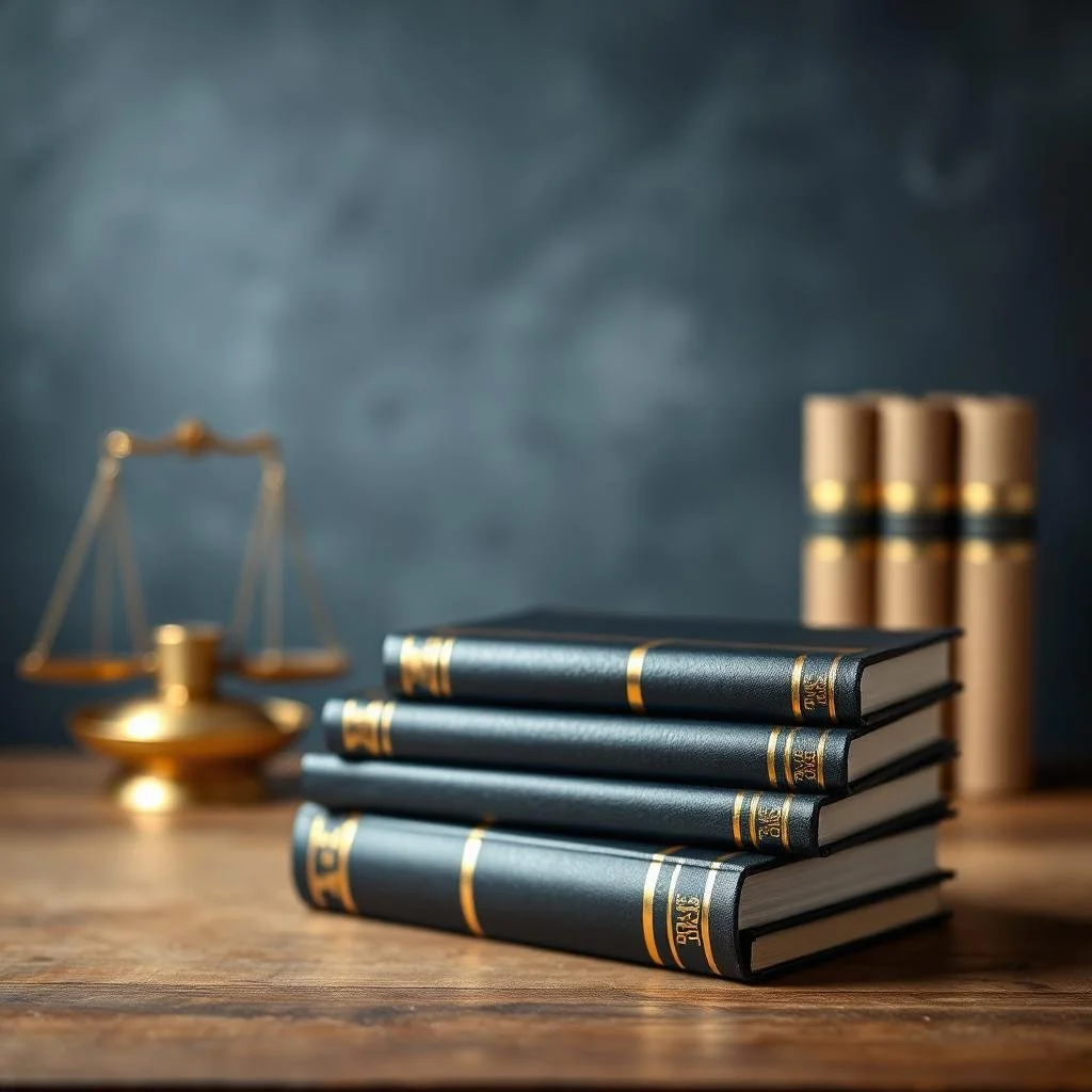 Cuatro libros encuadernados en cuero con detalles dorados apilados sobre una mesa de madera. En el fondo, una balanza dorada y dos cilindros dorados.