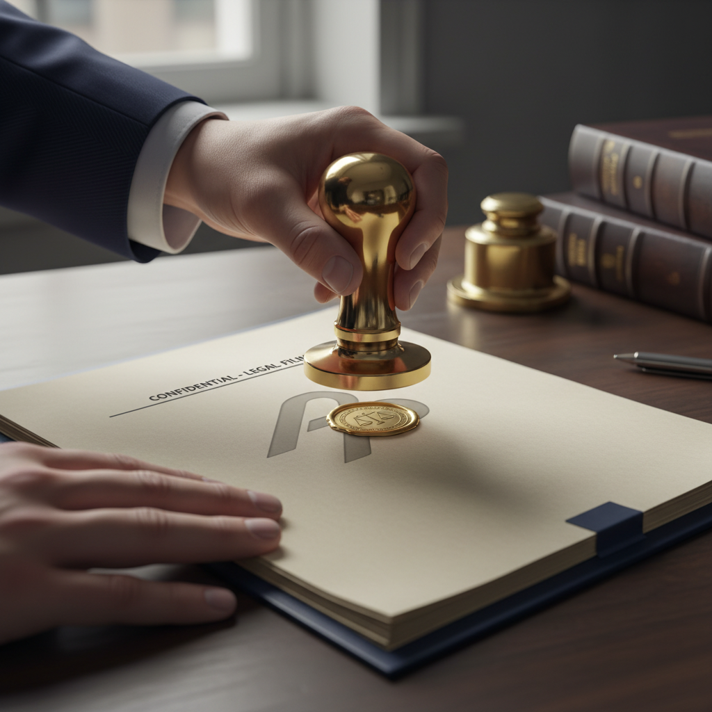 Persona sellando un documento oficial con un sello de oro en una oficina.