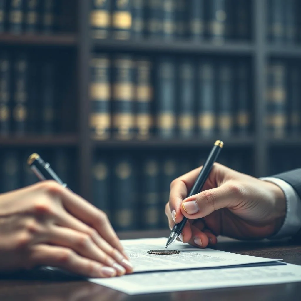 Dos personas firmando un documento en una mesa de madera, con estanterías llenas de libros en el fondo.