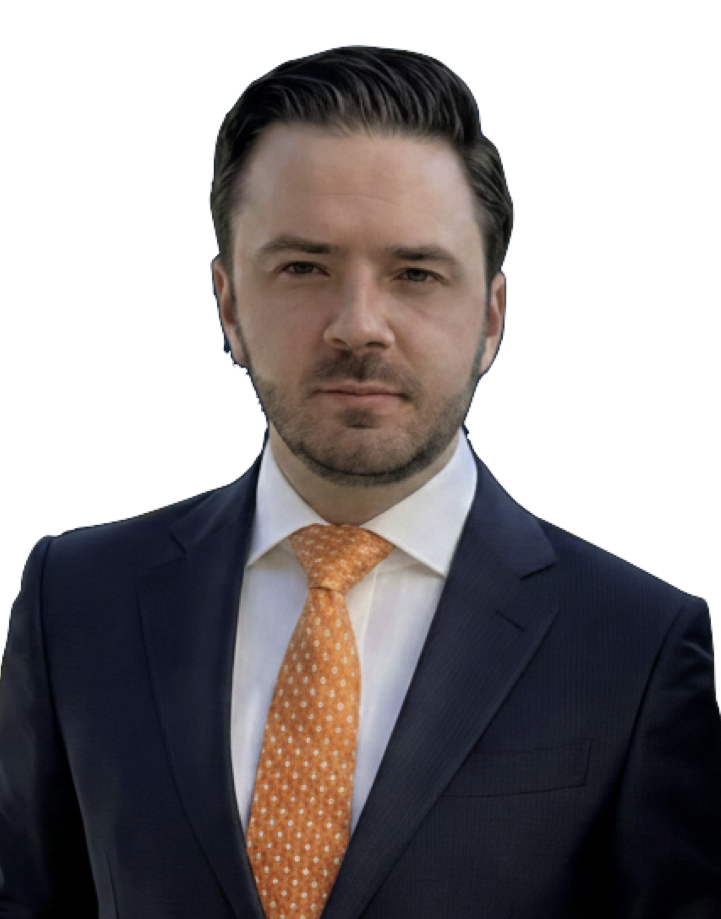 Fernando Piñeiro Bertello, Hombre con barba, cabello peinado hacia atrás, vestido con saco azul oscuro, camisa blanca y corbata naranja con puntos blancos.