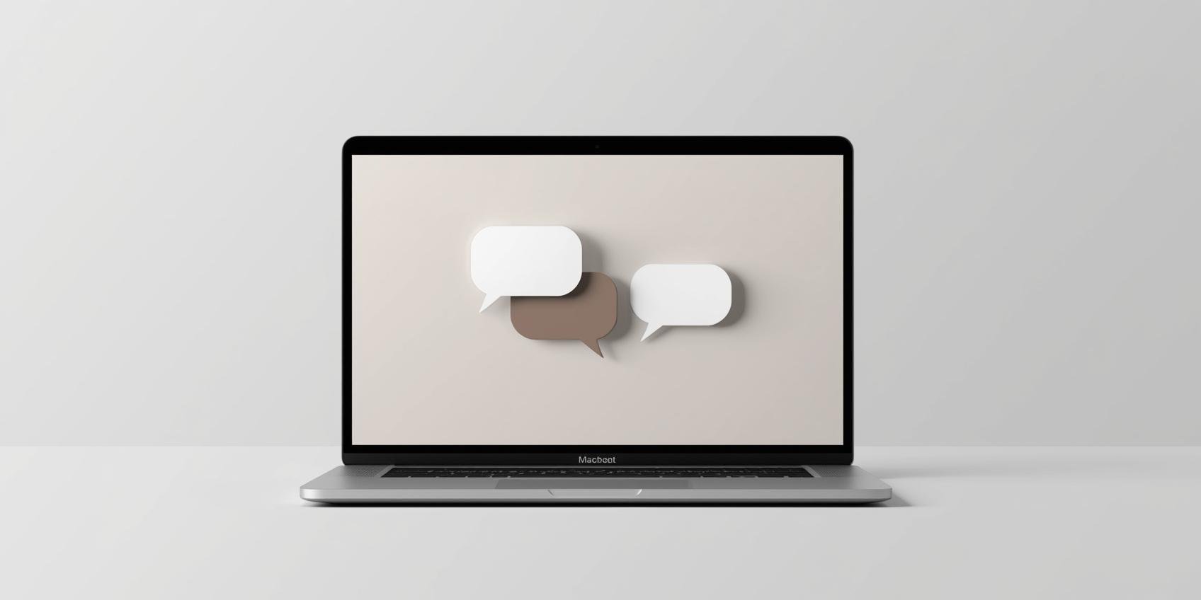 Abstract conversation bubbles on a calm macbook screen background, symbolizing online life coaching sessions questions answered.