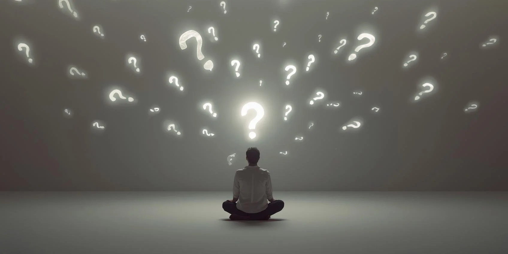 Person surrounded by glowing questions symbolizing personal development life coaching questions.