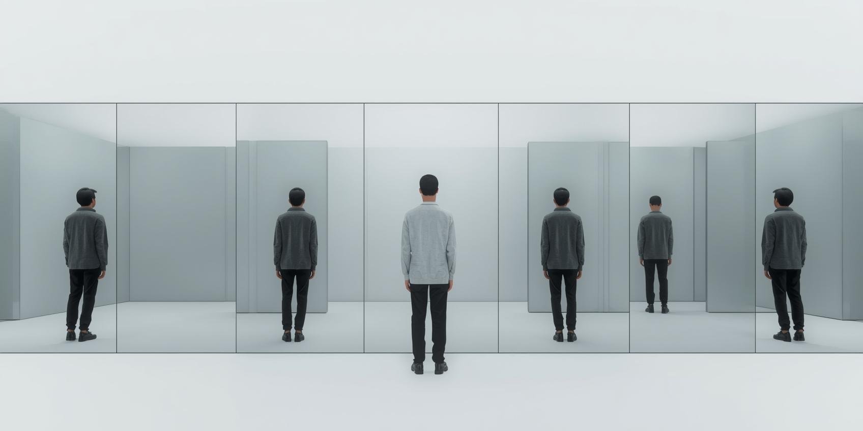 Person facing mirrors showing different selves, symbolizing struggle with purpose.