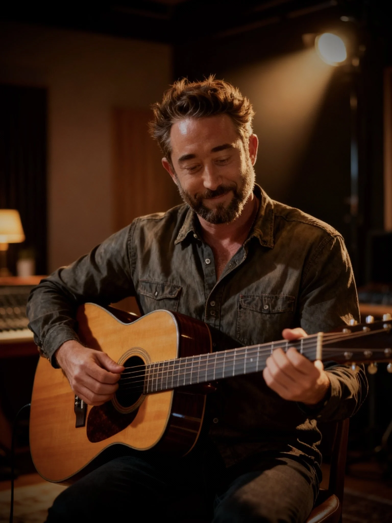 Online life coach Josh Dolin playing an acoustic guitar in a recording studio.