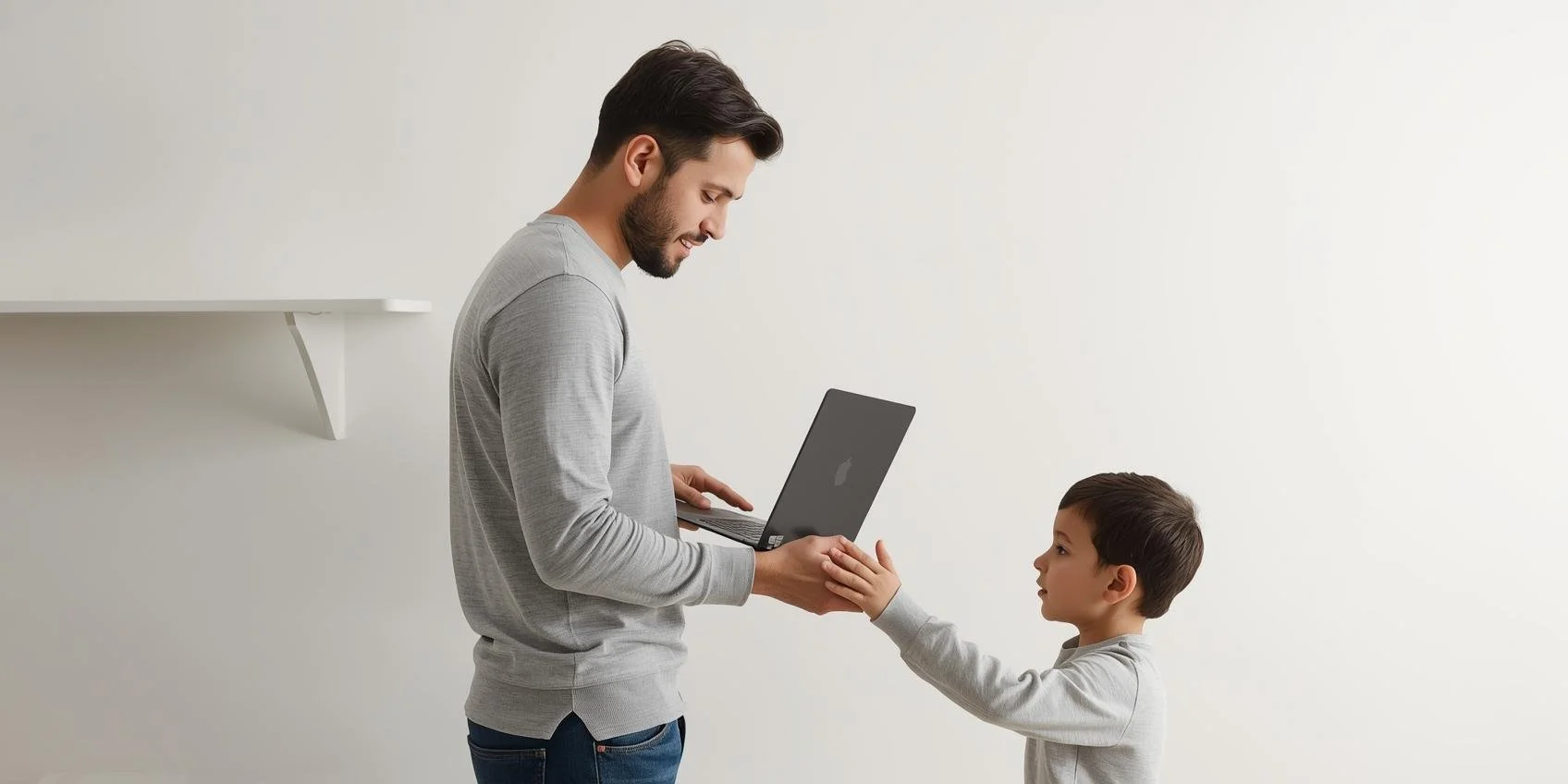 Father looks like he feels guilty for putting away his laptop for work while his son helps.