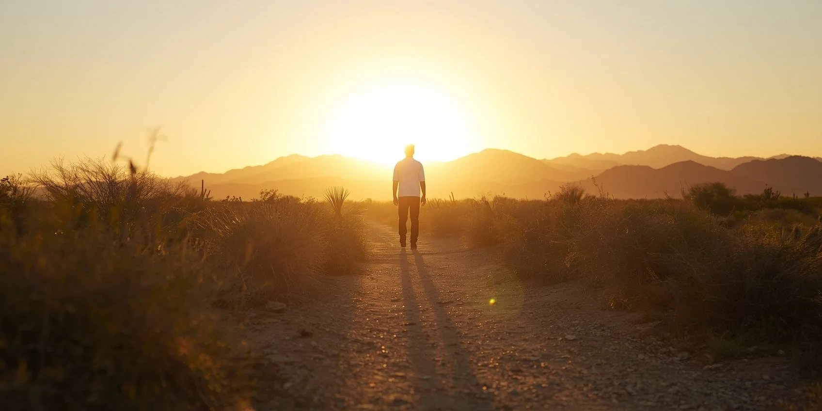 Desert trail at golden hour leading into Phoenix mountains, symbolizing the start of a transformative life coaching journey.