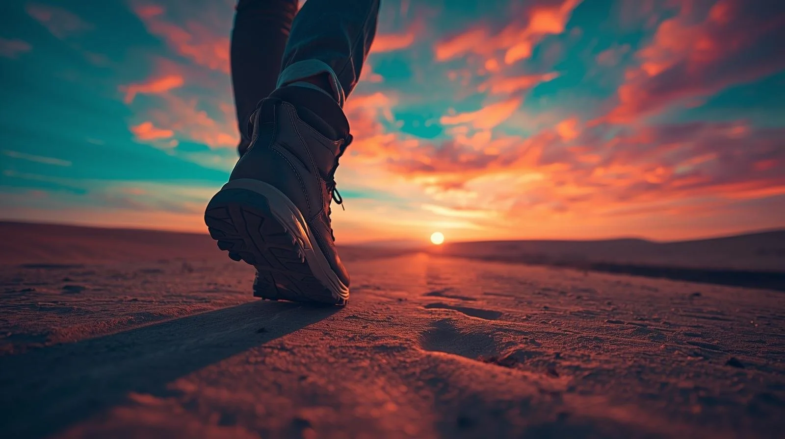 Close-up first step on a sunlit trail with bold gradient sky, symbolizing quotes about choosing a path.