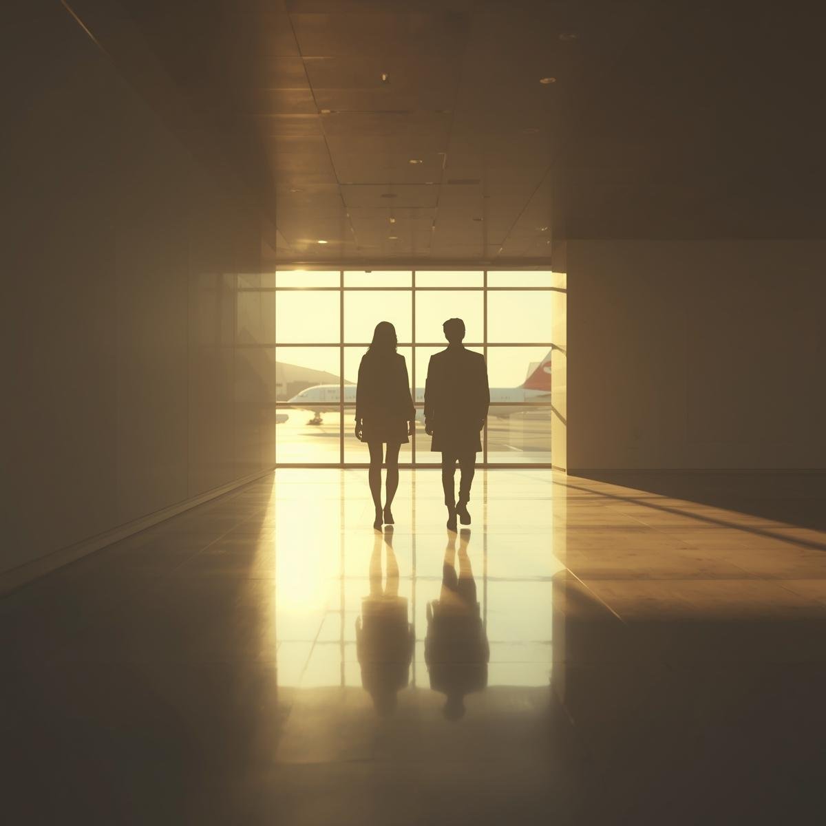 Coach and client walk confidently towards an airplane visible through a window, signifying coaching for fear of flying.