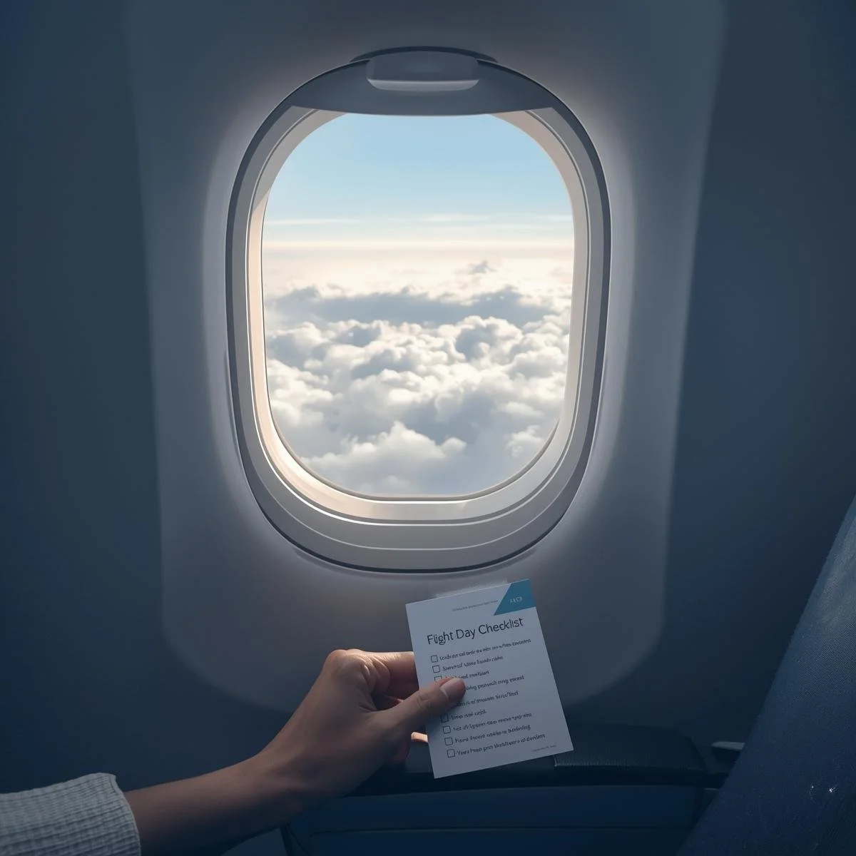 Woman sitting next to window on airplane holding a card that says "Flight Day Checklist".