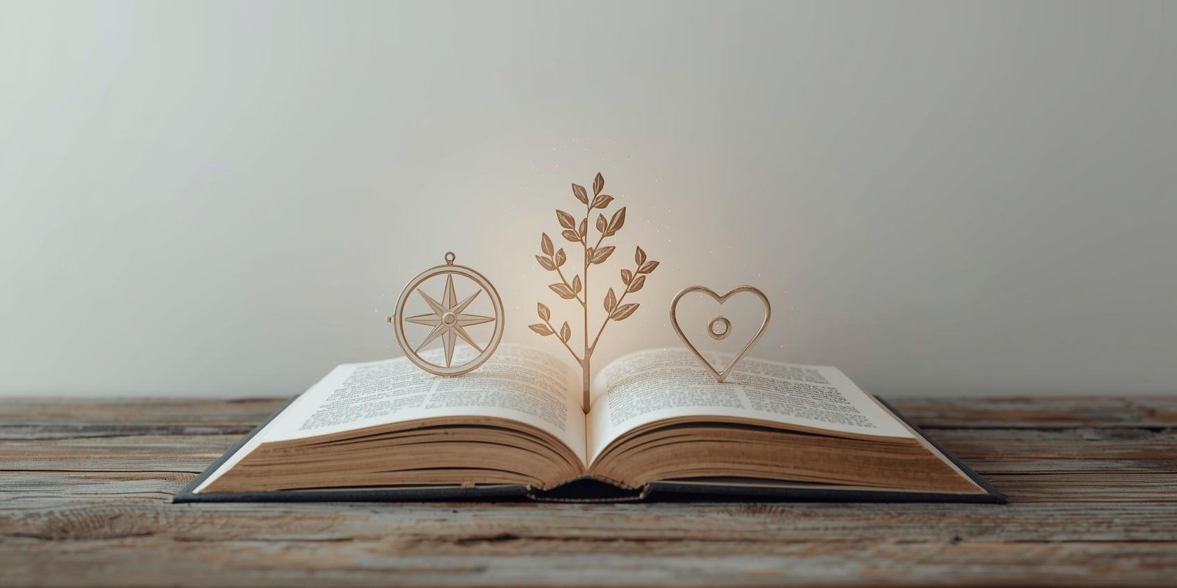 An open book on a wooden table, glowing symbols rising from the pages: a compass, tree, and heart — representing purpose, growth, and love.