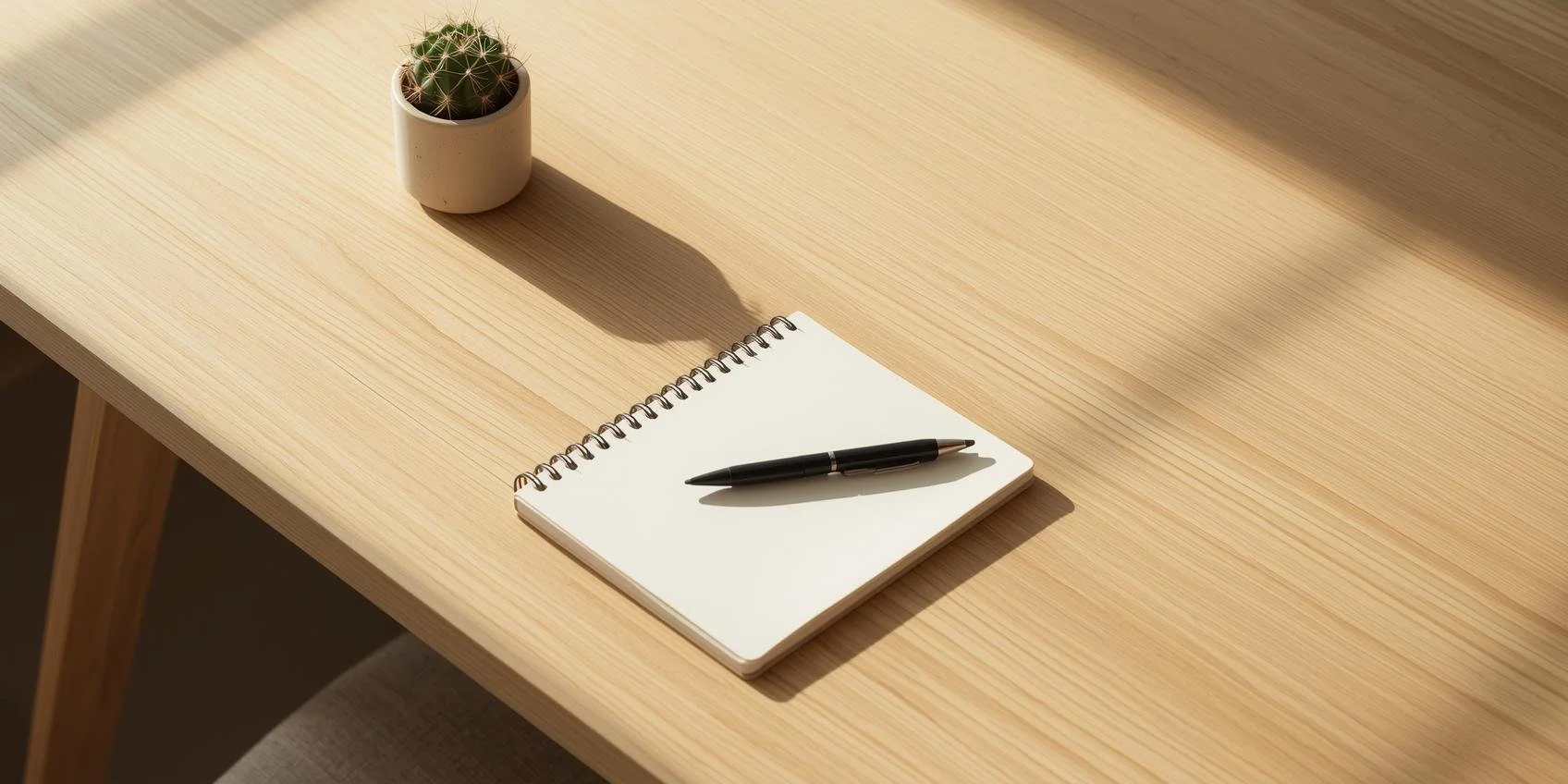 Minimalist workspace of Phoenix life coach's deskwith cactus and journal, symbolizing coaching reflection.