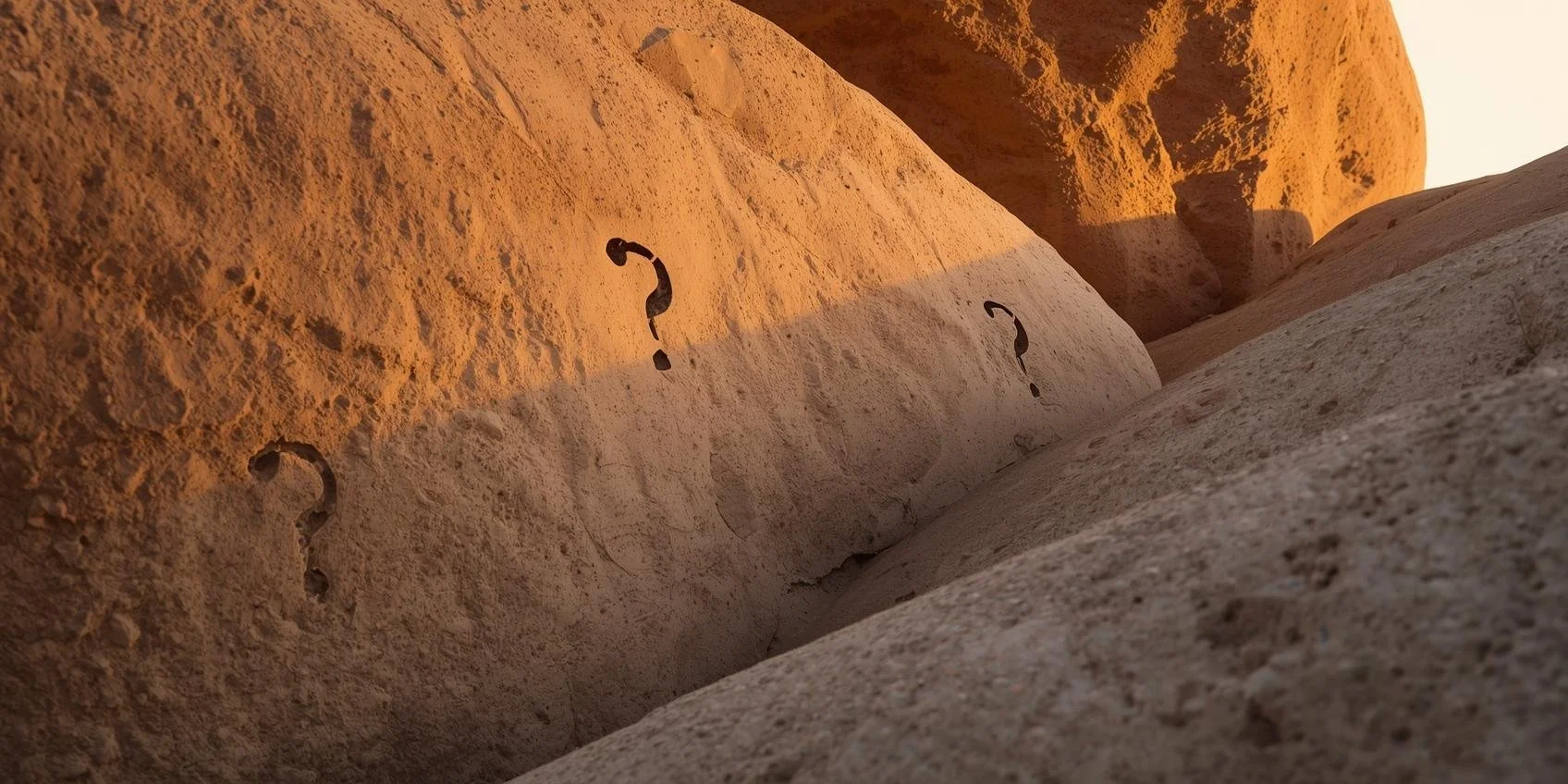 Stylized desert rocks with question marks symbolizing life coaching FAQs.