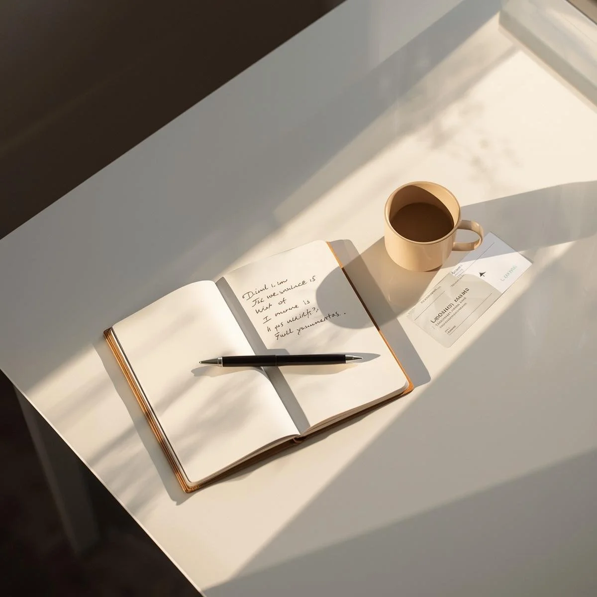 Notebook, coffee mug, and airplane ticket on table during debrief after a fear of flying coaching experience.