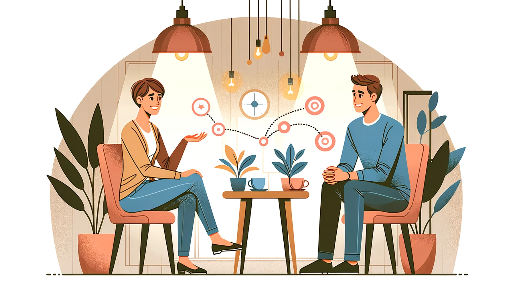 A female life coach with short hair smiles and engages in a casual conversation with a male client in a cozy office. The setting includes warm lighting, plants, and a small table with tea cups, emphasizing trust and connection.