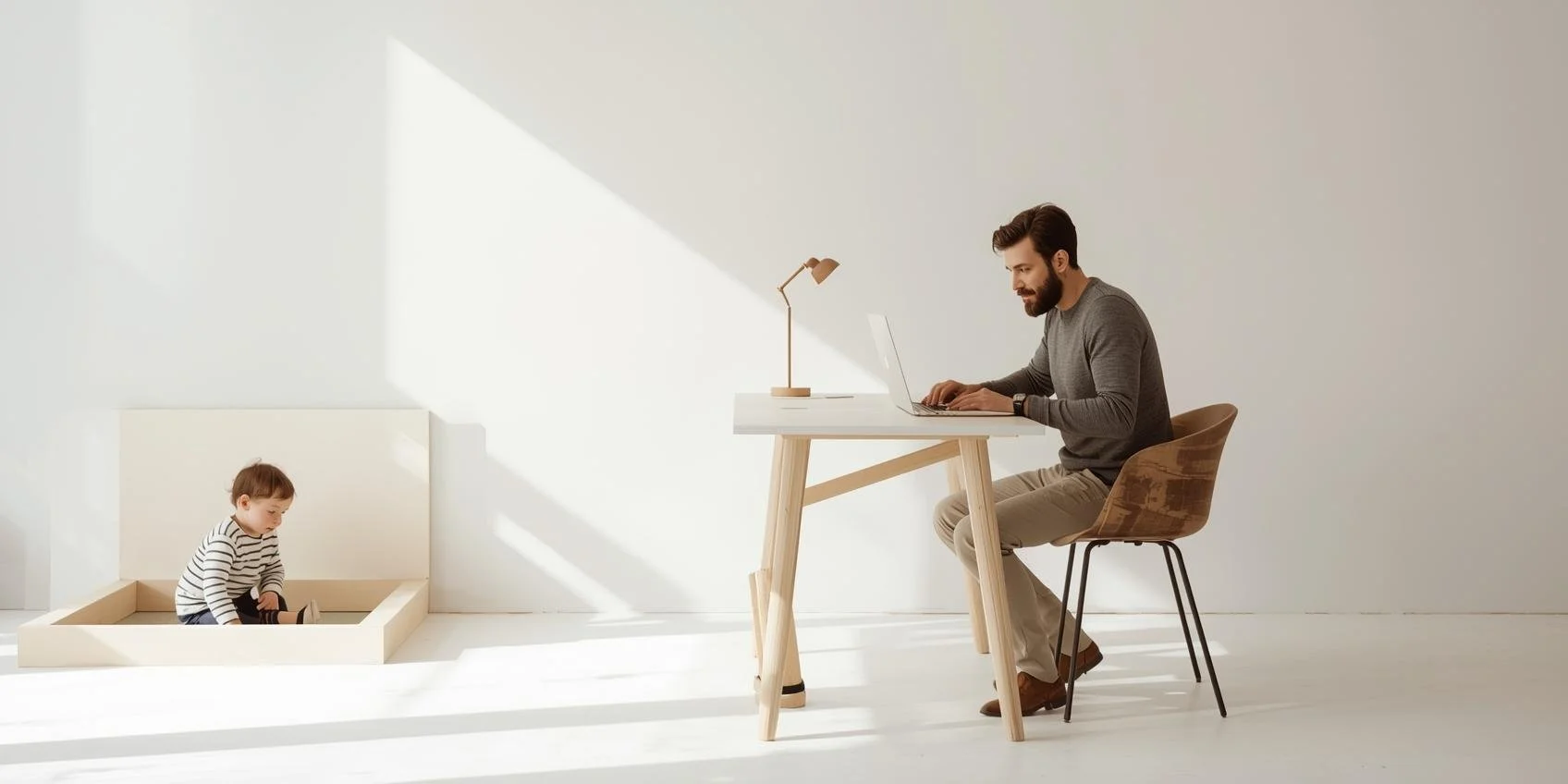 Father works remotely at his desk while his son plays in a designate space.